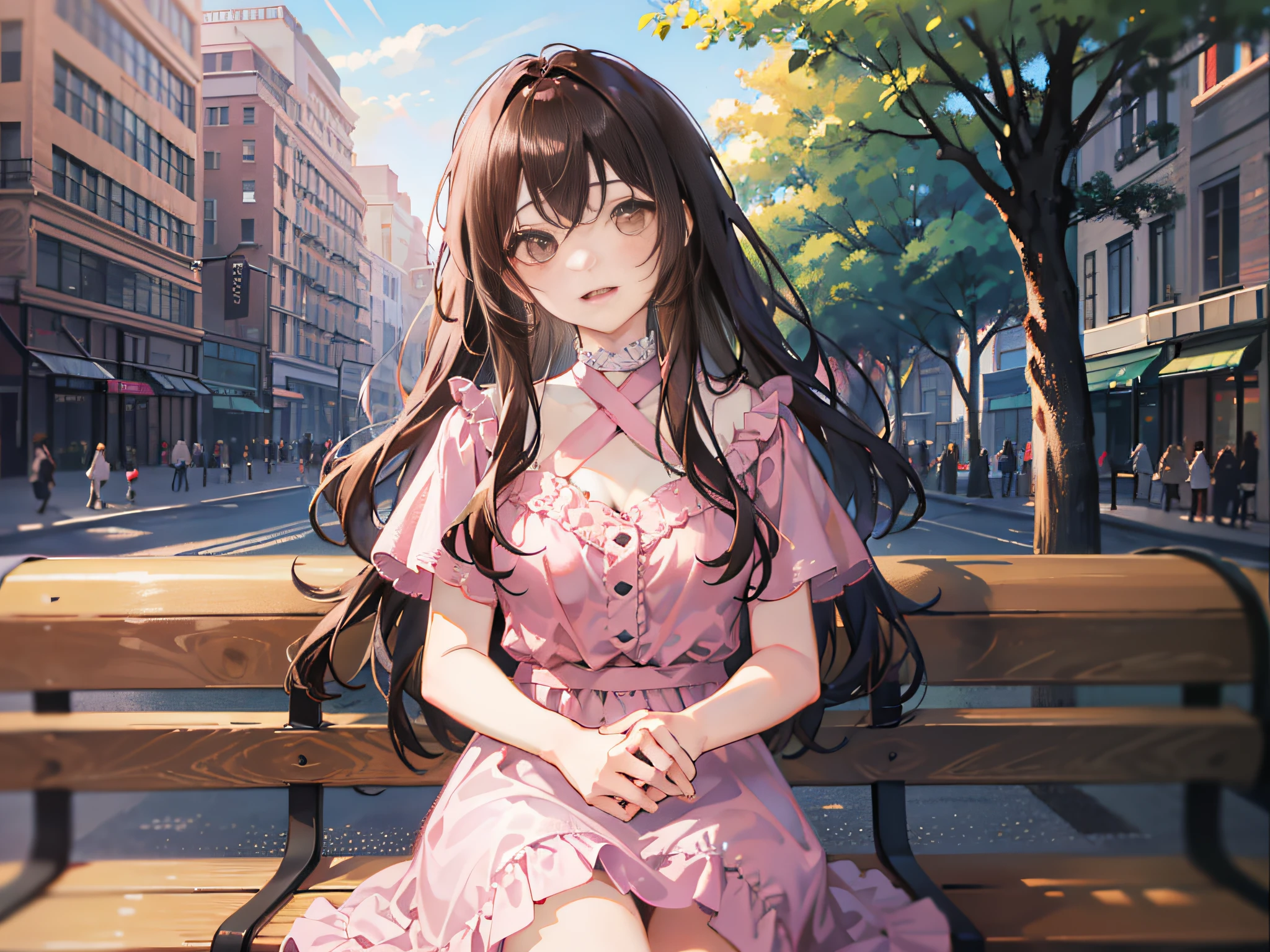 Girl with curly hair, long hair, Dark brown hair, voluminous hair, light brown eyes, pink dress, around 16 years, in a city park, sunny day, sitting on a square bench ,Shades of pink and yellow, Expansive image, 4k, high quality, best details, face photo