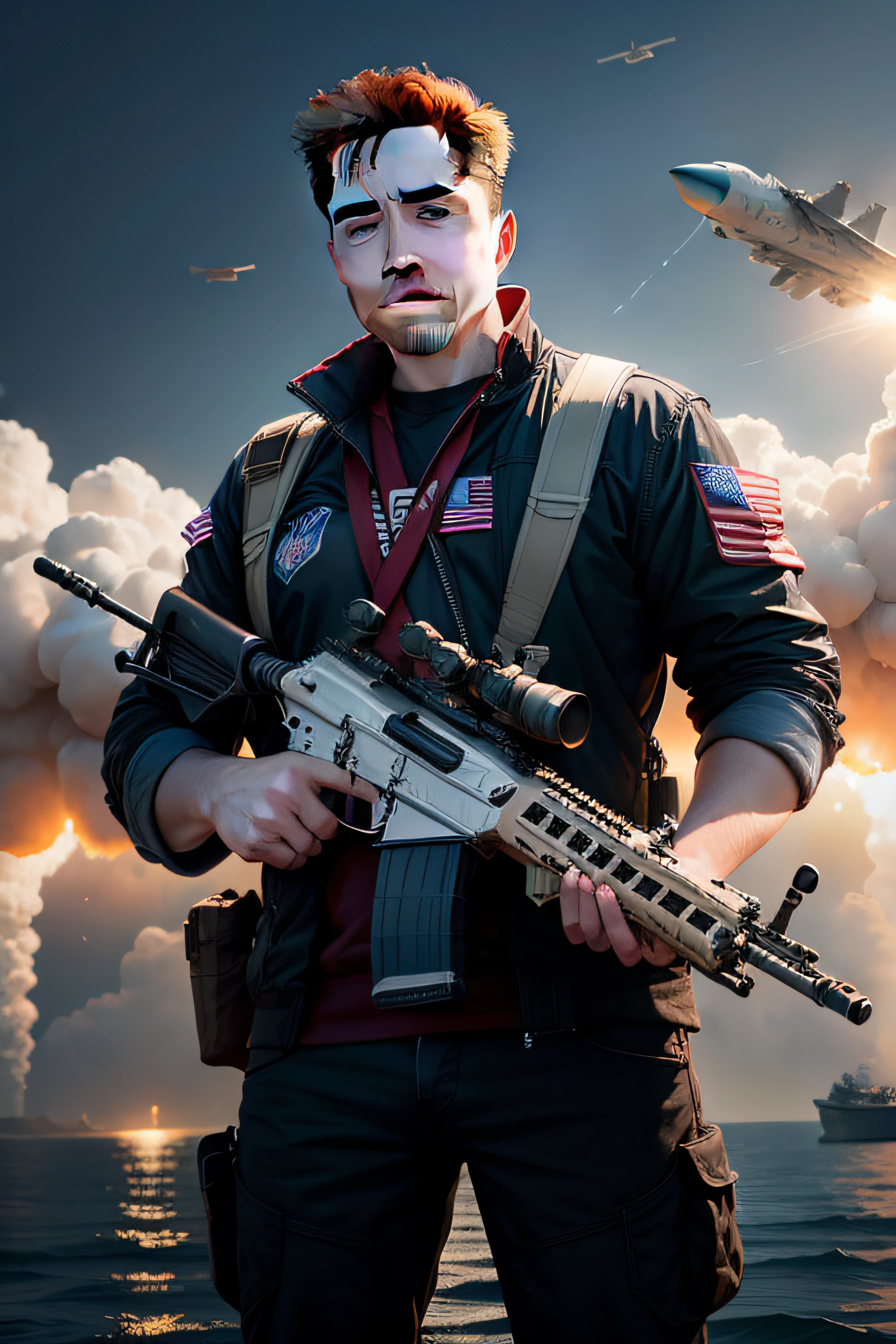 Elon Musk as US President holding an AR15 surrounded by battleships with jets and eagles flying overhead and a american flag background