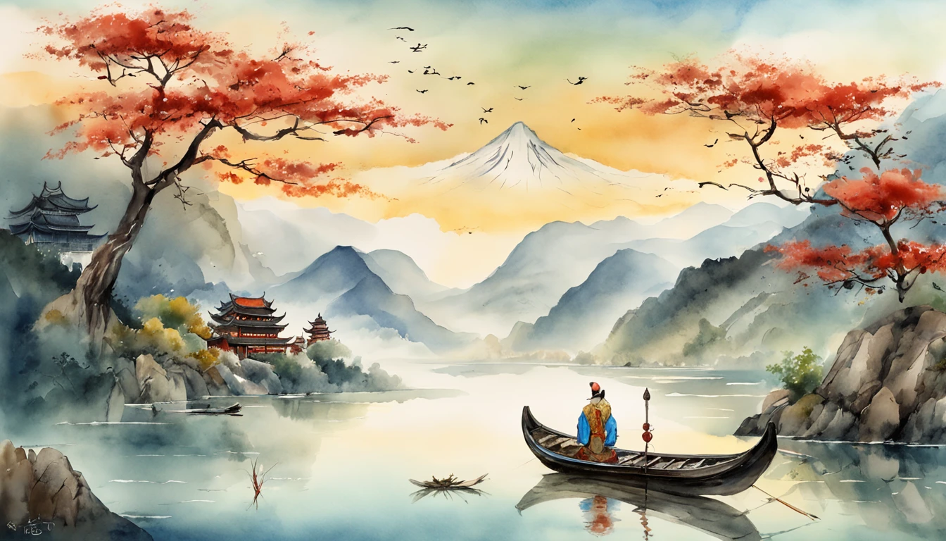 painting of a mountain landscape with a lake and a boat, illustration matte painting, , chinese surrealism, chinese landscape, inspired by Kanō Naizen, chinese style painting, symmetric matte painting, detailed scenery —width 672, japonisme 3 d 8 k ultra detailed
