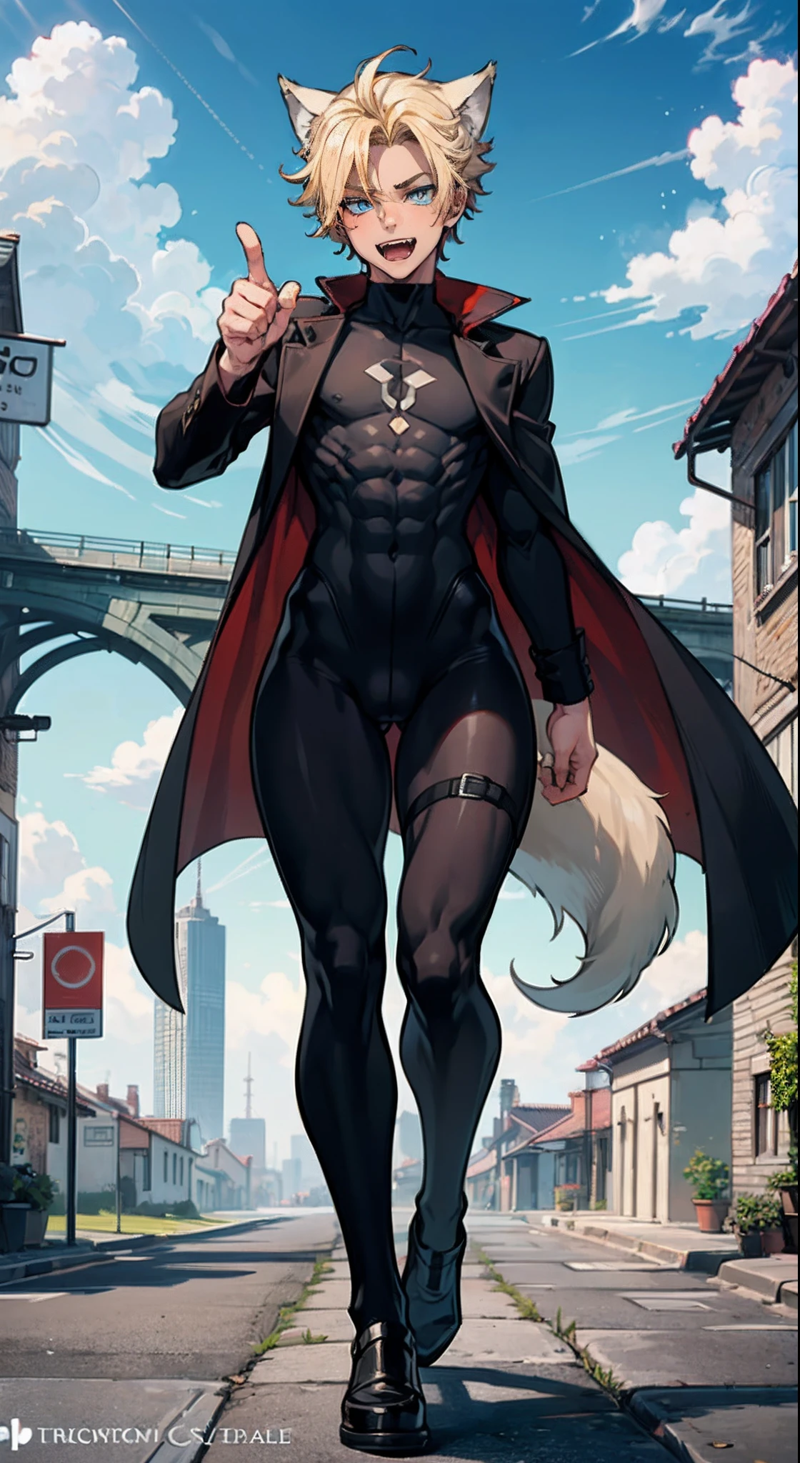 ((((((1boy)))))), fluffy blonde hair, ((big sharp wolf ears)), wolf tail, slim figure, ((pale skin)), sky blue eyes, joyful, big thighs, fangs, slim waist, lean figure, skin pale, youthful appearance, (((bulge))), black thigh socks, black coat, twink, pointing at viewer, full body view, excellent physique