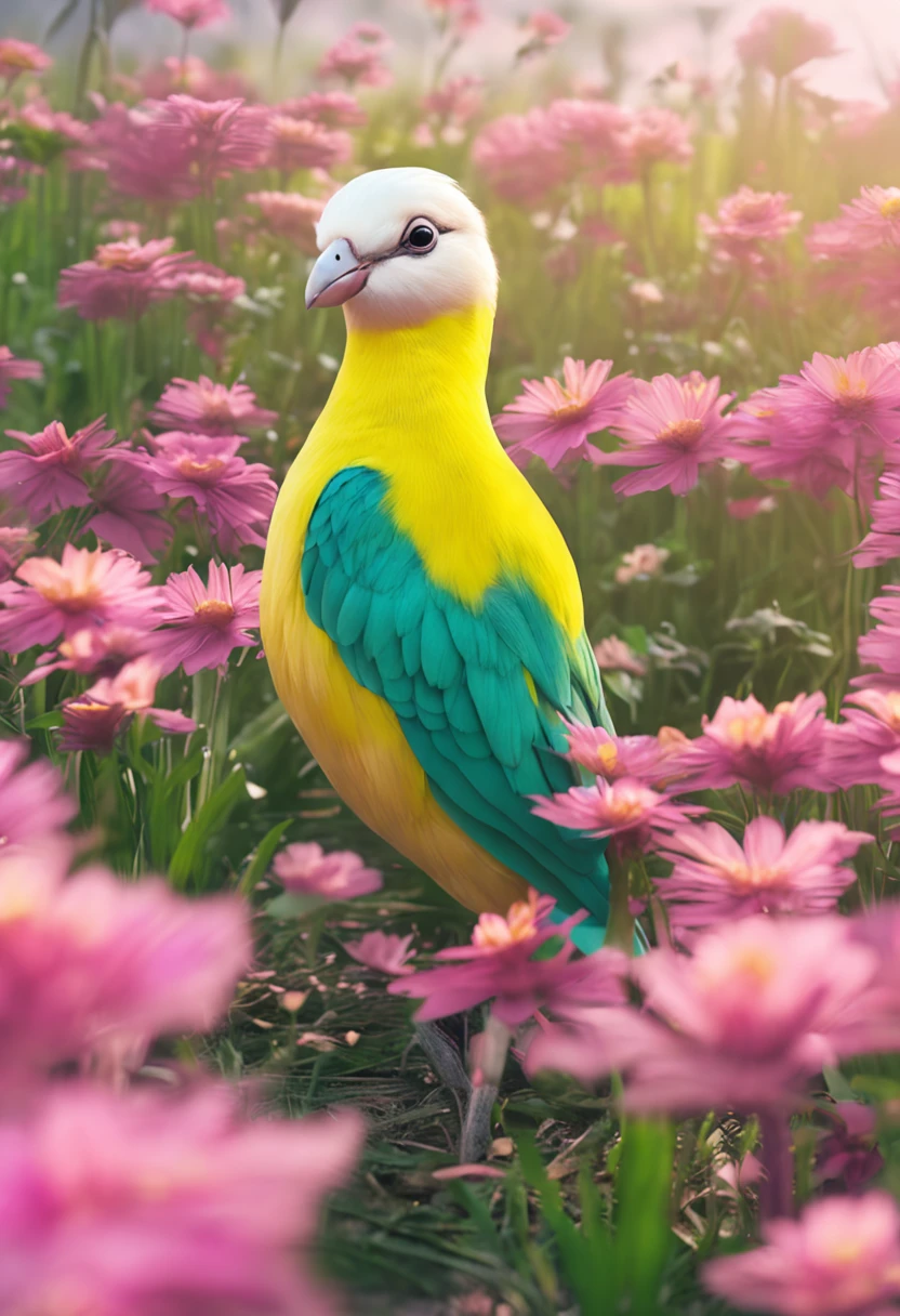 a bird　pinkcolor　amarelo　green grass　blanche　kawaii