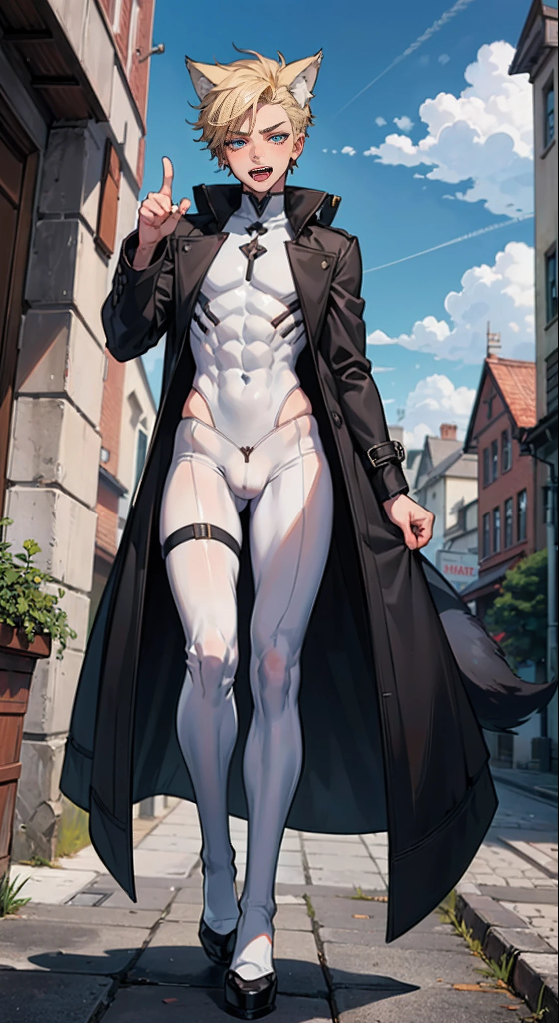 ((((((1boy)))))), fluffy blonde hair, ((big sharp wolf ears)), wolf tail, slim figure, ((pale skin)), sky blue eyes, joyful, big thighs, fangs, slim waist, lean figure, skin pale, youthful appearance, (((bulge))), black thigh socks, black coat, twink, pointing at viewer, full body view, excellent physique