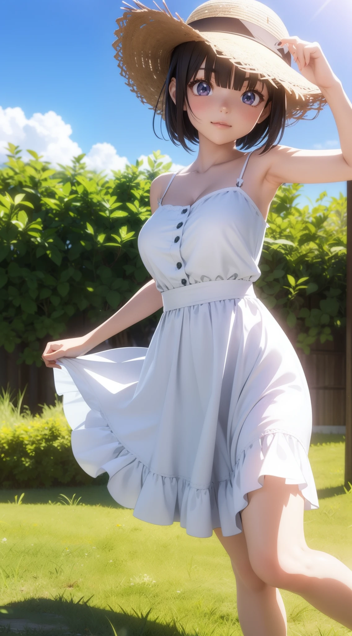 1人の女性、((3d anime))、kawaii、18year old、Lustrous hair、Bob Hair、Random Poses、Refreshing grasslands、Bright sun、Bright sunshine、Wearing a white dress、Wearing a straw hat、White heels