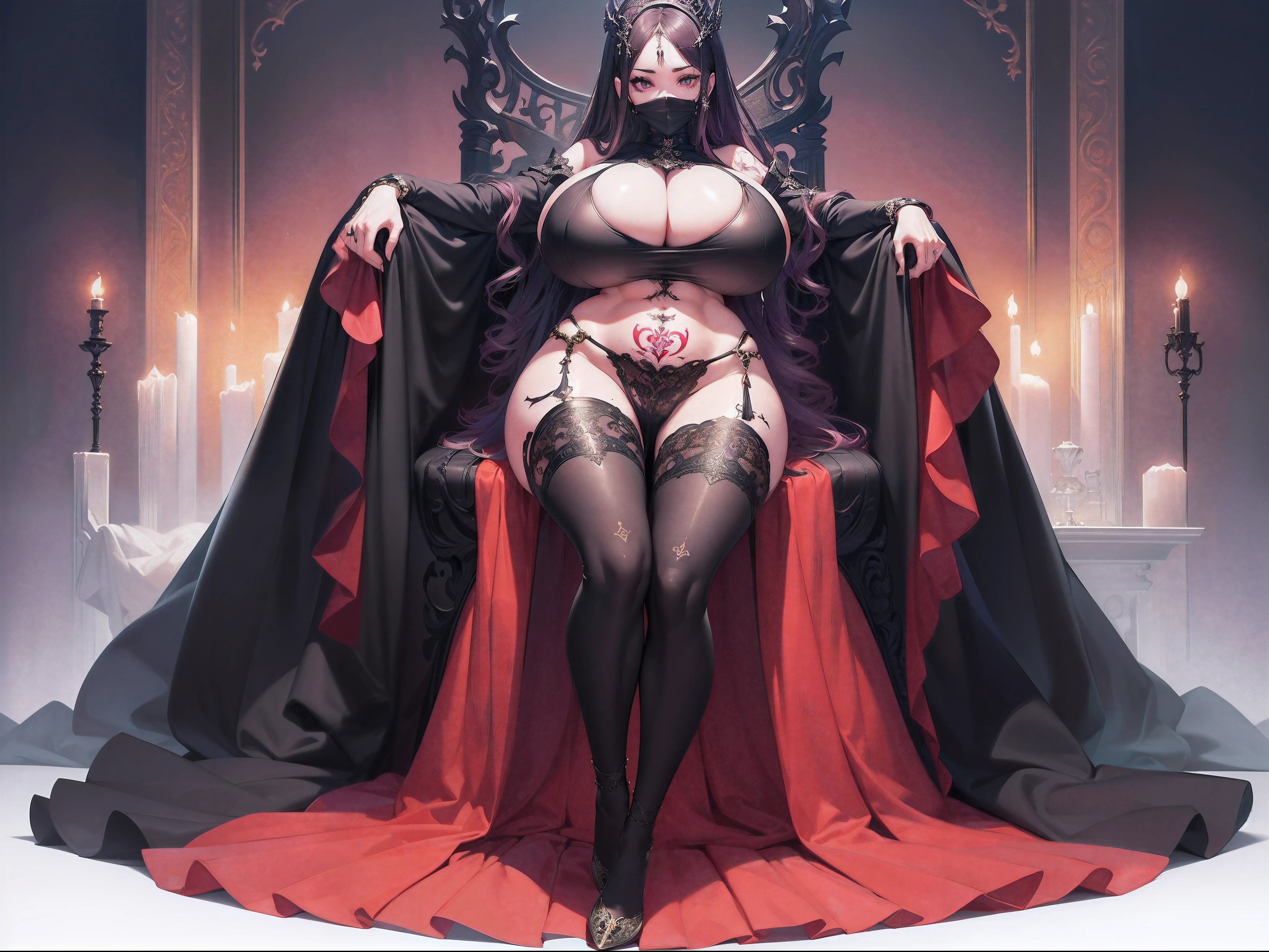 ultra - detailed, A high resolution, Beautiful Queen,(gothic clothing:1.1),1girll, Sit on a huge Gothic throne,with whole body visible, Full body photo, photore, Masterpieces, Top quality, scarlet background, (Beautiful black eyes, gorgeous pale pink curly hair, White skin, Slim abdomen, Perfect curvy body), a variety of poses, Ultra-detailed face, Detailed eyes, Open your legs,legs in M shape , (((no close-up)), (((full body clothing))), ,(((huge boob))),(((gigantic hip))),(((Big breasts Thin waist))),(((Full body tattoo mask)))