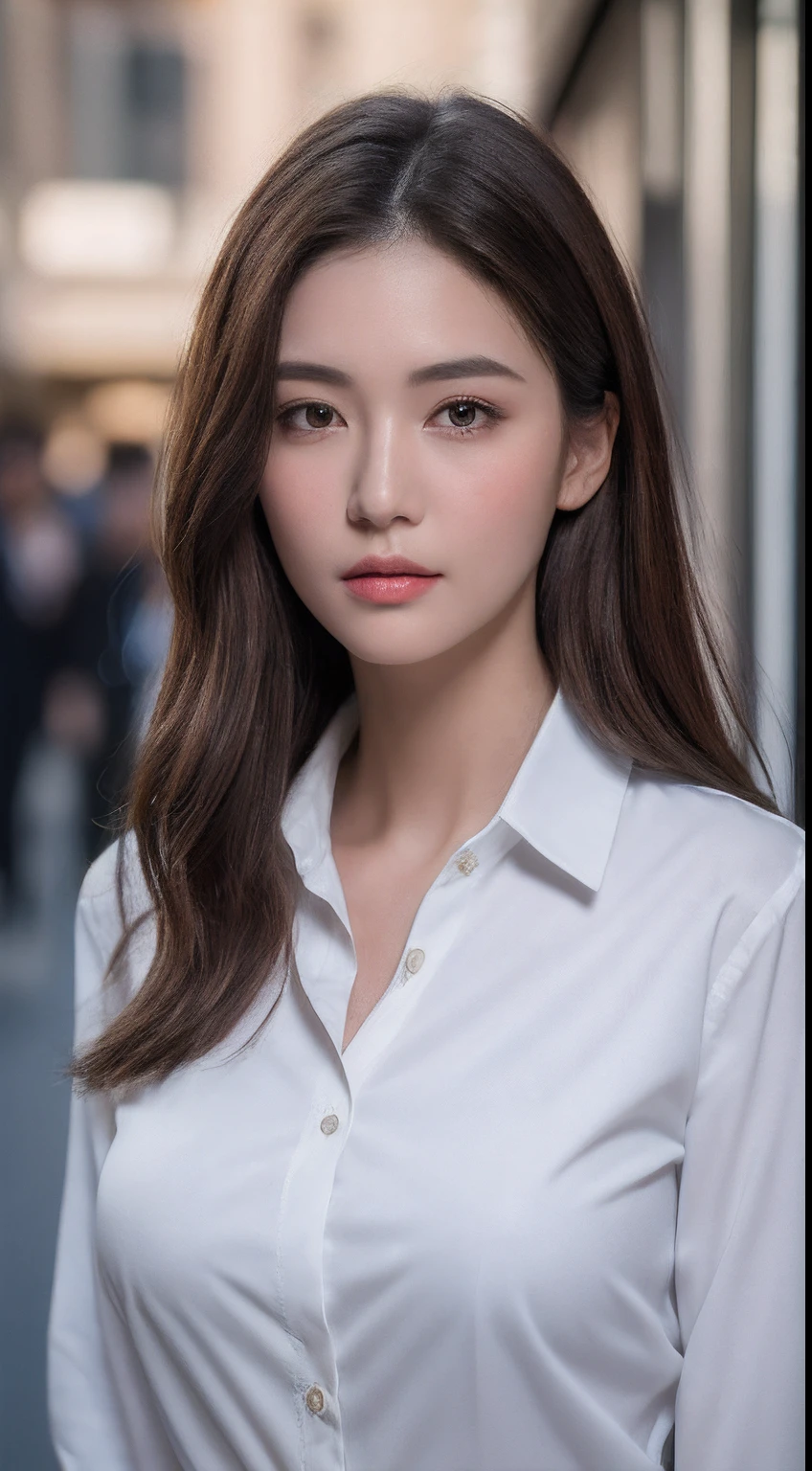 ((Best quality, 8k, Masterpiece :1.3)), Sharp focus :1.2, A pretty woman with perfect figure :1.4, Slender abs :1.2, ((Dark brown hair, Big breasts :1.2)), (White button up long shirt :1.1), City street:1.2, Highly detailed face and skin texture, Detailed eyes, Double eyelid