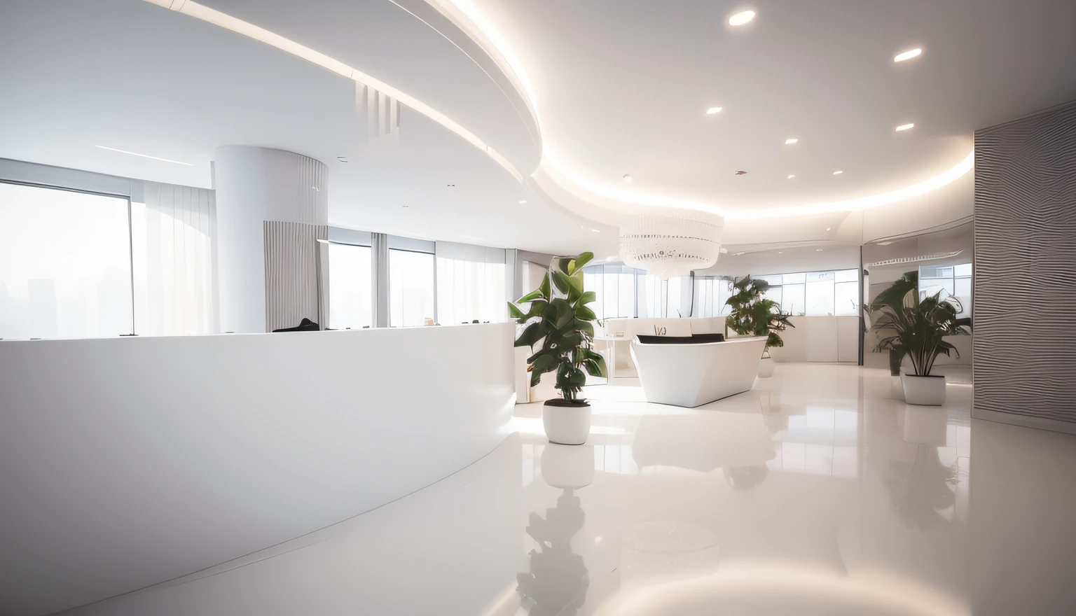 a white reception table with a curved design in a lobby space, lighting turn on in ceiling (more mood design ) , back ground is ( perfect ) minimalist white wall ( lighting realistic, see throung office workspace), minimalist interior, cinematic, details , interior design, great design, all white design, white floor