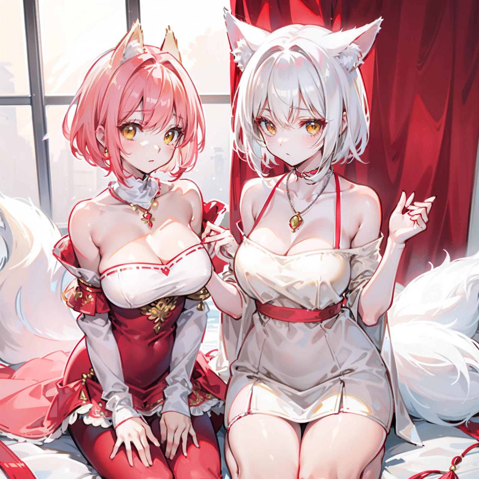 Short hair with light red color,There are yellow cloth ornaments on the head,The breasts are super full,The figure looks ite,Smooth and delicate long legs,Wearing a cream white T-shirt,A silver necklace is worn around his neck,It has pink fox ears,and cute pink and white fox tail,It's a super beautiful girl