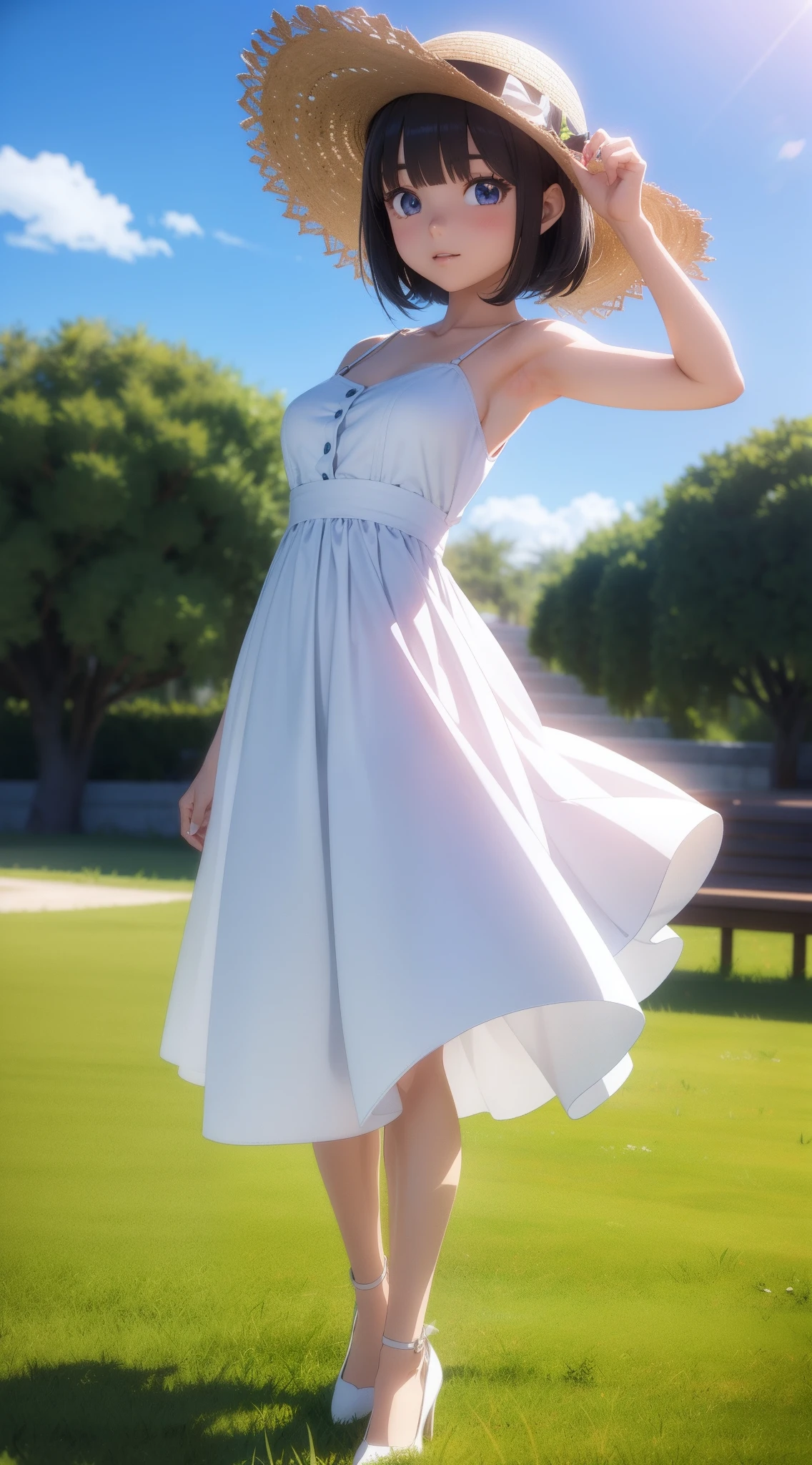 1人の女性、((3d anime))、kawaii、18year old、Lustrous hair、Bob Hair、Random Poses、Refreshing grasslands、Bright sun、Bright sunshine、Wearing a white dress、Wearing a straw hat、White heels