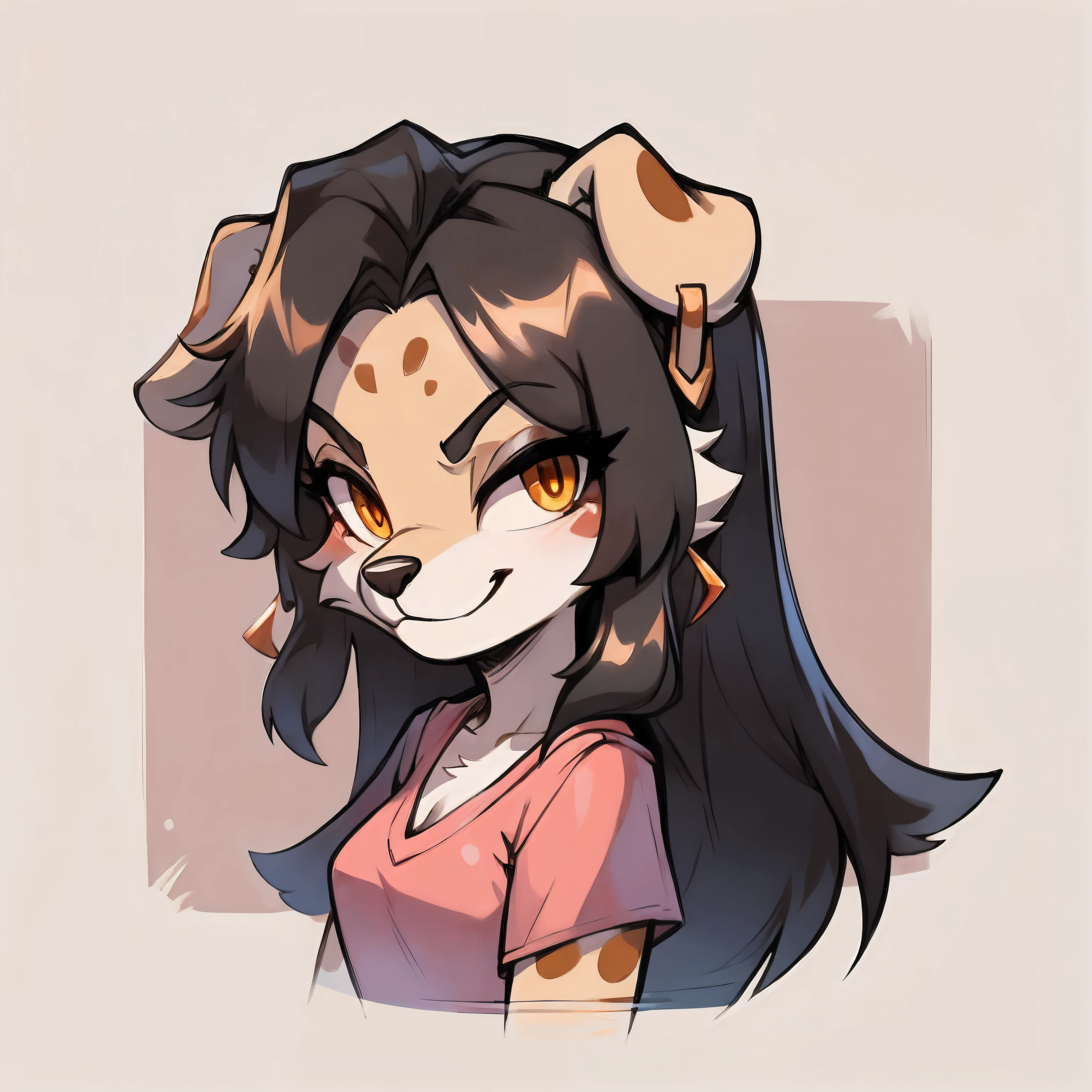 a portait cartoon picture of a female dog with long hair and a pink shirt, long haired humanoid fursona, female furry mini cute style, female fursona, portrait of ((mischievous)), furry character portrait, lowres, headshot of young female furry, furry fursona, , oc commission, she has blond fur color with a lot of brown fur spots all around her body, she have amber eyes, she has long black hair, she has one silver earring on her right ear, she had big floppy ears