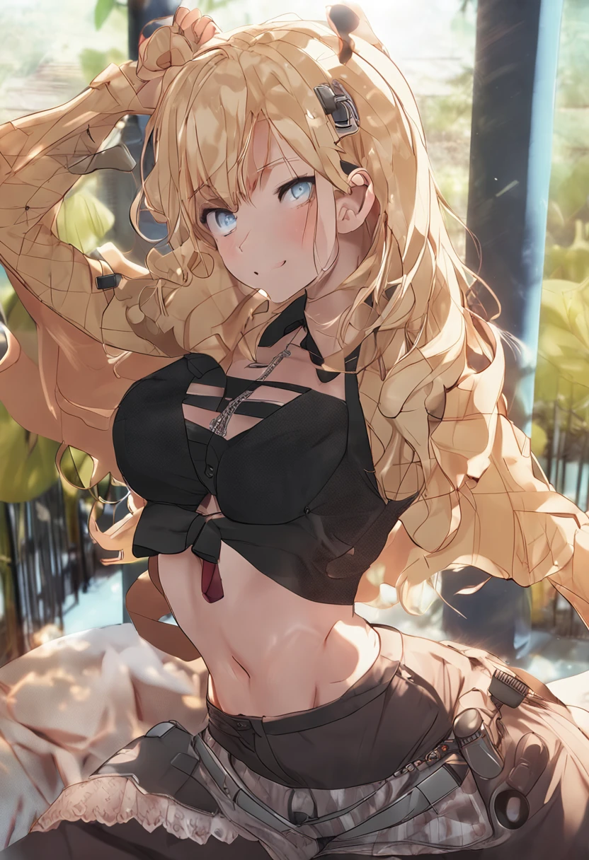girl in a park, her body is athletic with large breasts and thick thighs, she wears lingerie