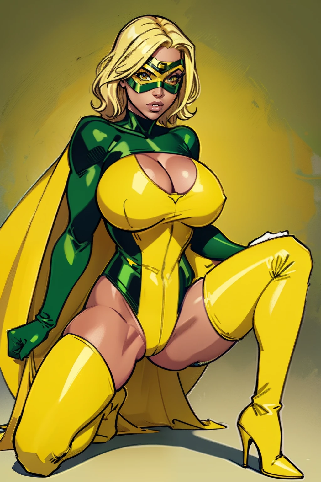 woman, blonde hair, yellow eye mask, yellow bodysuit, yellow cape, green tube top, green superhero pantie, green leather boots, green gloves, white background, no background, ((masterpiece))