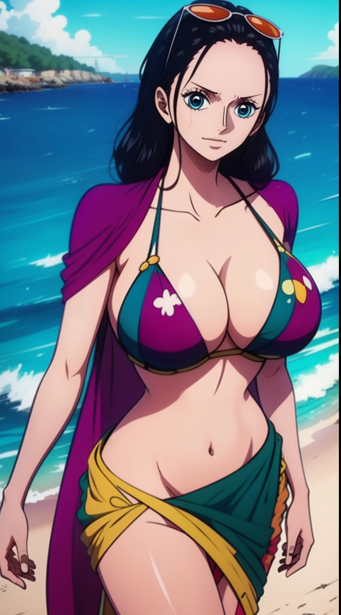 Robin de One Piece, sexy pose, Indien , Saree, Saris rouge, 8k, Anime, plage, gros boob, gros cul, look sexy,nsfw perfect quality eyes solo 1girl blue eyes standing