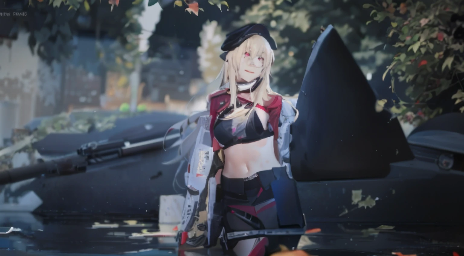 Blonde woman dressed in black and red standing in front of the jet, from girls frontline, m4 sopmod ii girls frontline, Fine details. Girl Front, cosplay foto, Anime girl cosplay, Girls Frontline CG, girls frontline style, girls frontline universe, Anime style mixed with Fujifilm, Shot on Canon EOS R 6, inspired by Li Chevalier