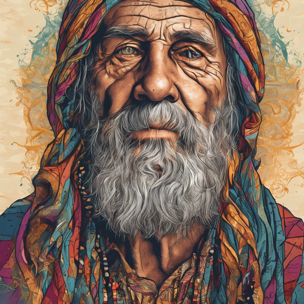 "Portrait of a wise mystic, barbudo, com um rosto enrugado e envelhecido, olhos penetrantes e detalhes altamente realistas. Captured with an artistic sensibility, fotografia de alta qualidade, iluminado de forma natural. camera footage: Nikon D850. Lente: 50mm. Abertura: f/1.4."