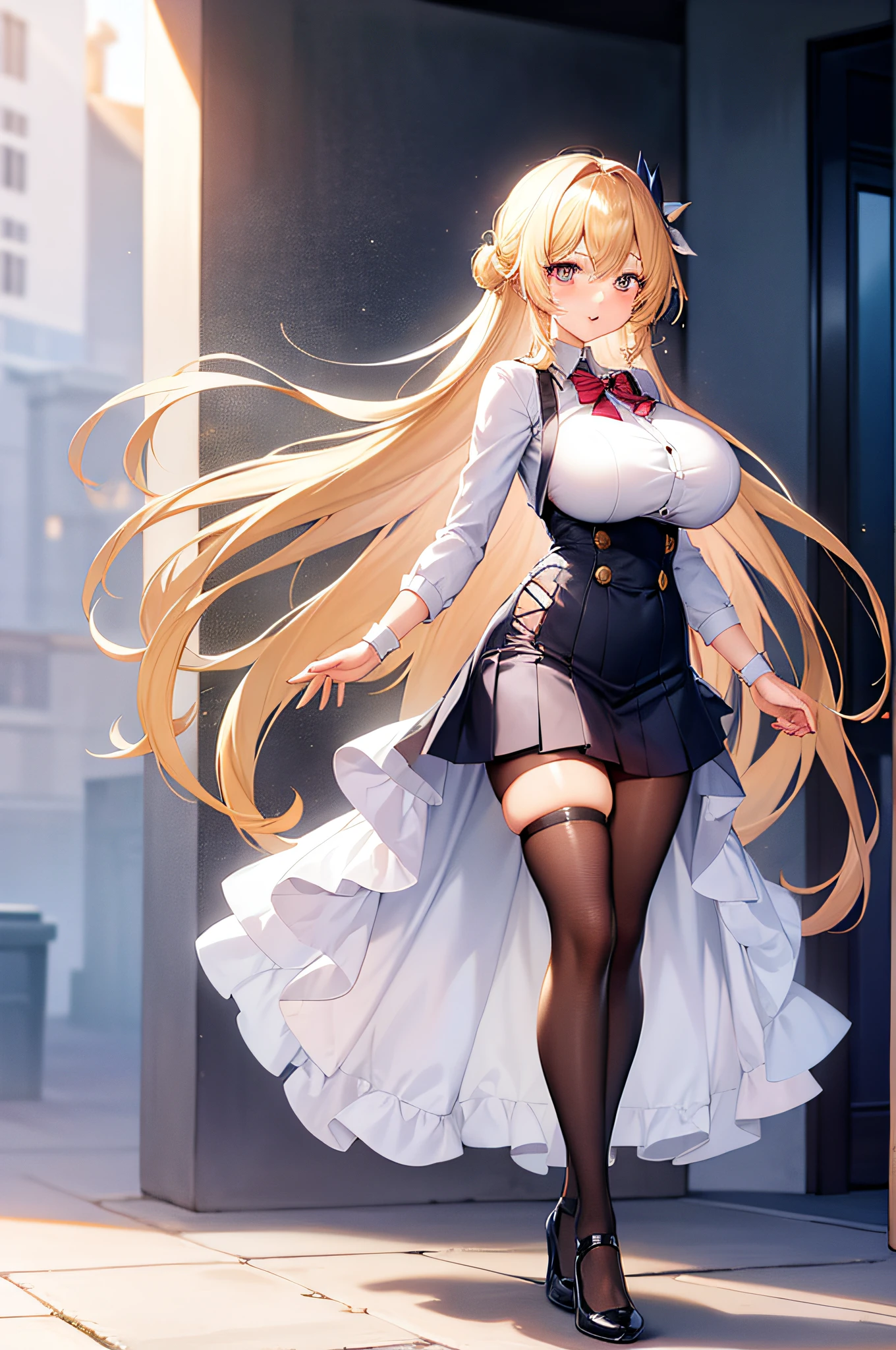 ojousama, Mature female, Blonde hair, Light blush, Visible through hair, excited, Sparkling eyes, Large breasts, school uniform, upper legs,Anime - Woman in white,arms out,reaching out her hands, White-haired god, anime woman fullbody art, beautiful full-body concept art, azur lane style, Anime goddess, Biomechanical OPPAI, Full-body art, full body concept, full body concept art