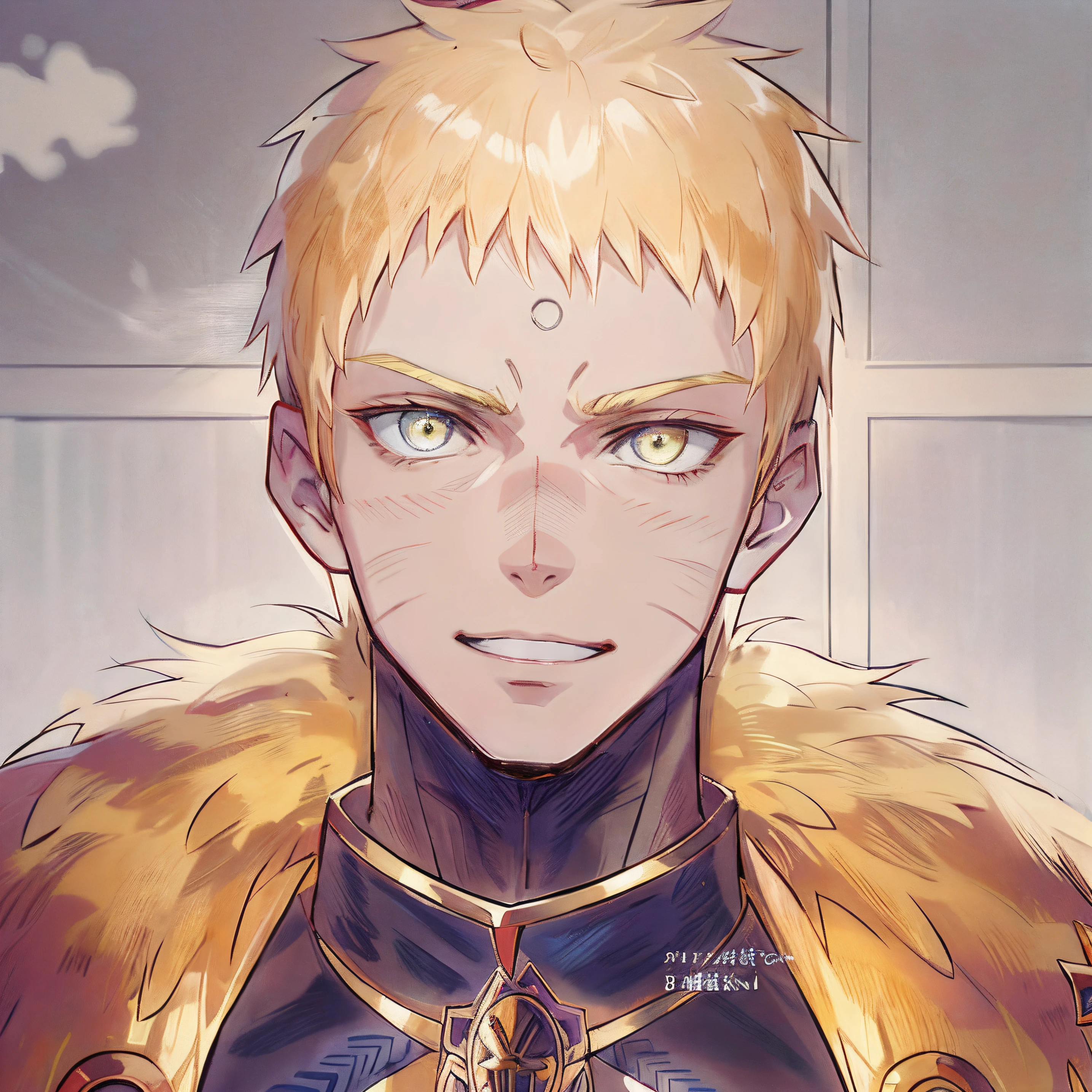 personagem de anime com cabelos loiros e olhos azuis na frente de uma janela, cara bonito na arte demon slayer, sorriso roguish, Anato Finnstark!!, fanart requintada altamente detalhada, portrait of magical blond prince, Demon Slayer rui fanart, Gilgamesh, fanart detalhado, como um personagem de anime, em estilo anime, fanart de alta qualidade, Genos, alta qualidade de imagem,  corpo intero, 14K. Alta qualidade. Olhos azuis.