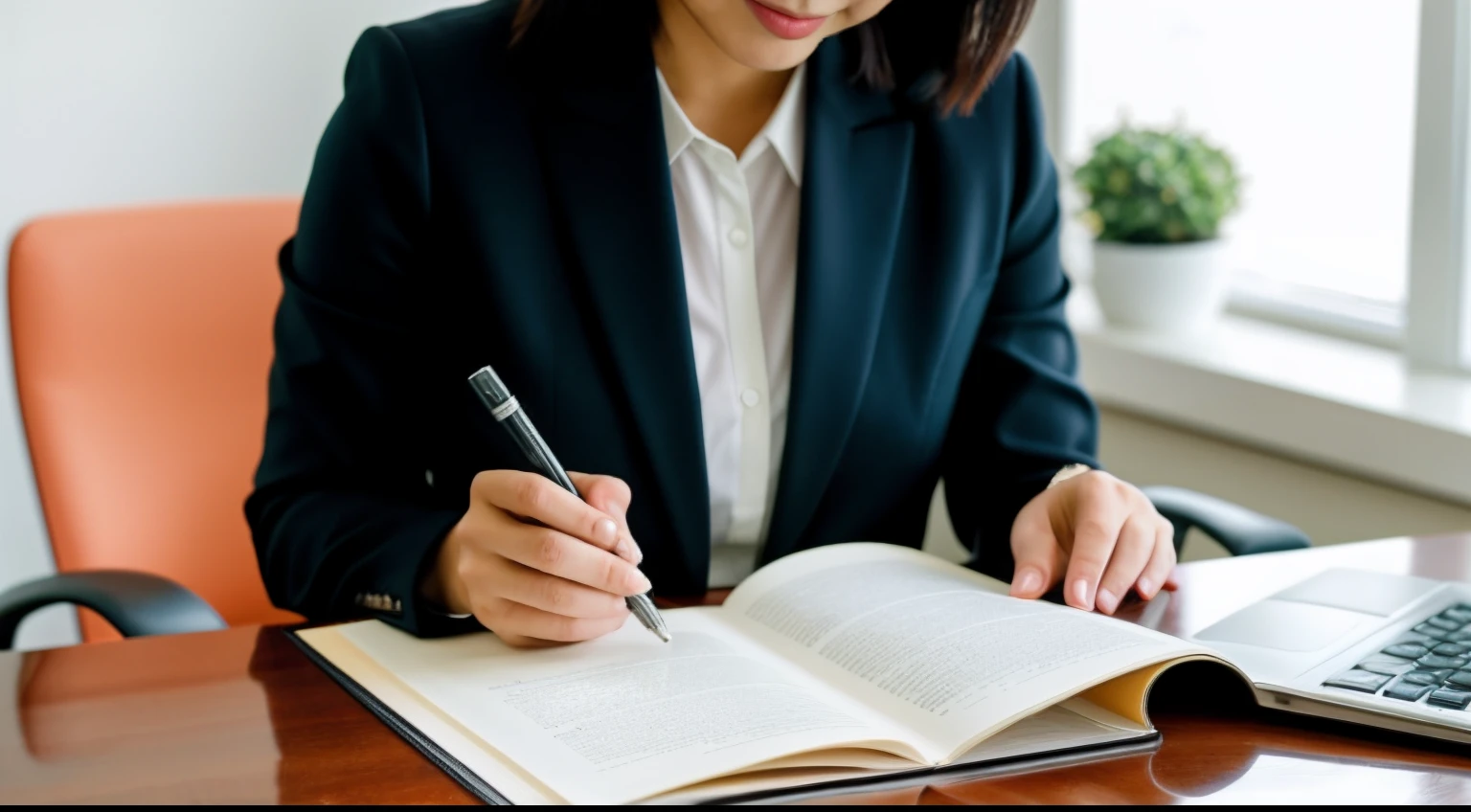 instagram photo, closeup face photo, A snapshot of a Japanese businesswoman reviewing documents in a contemporary office space, multitasking, efficient, Panasonic Lumix GH5 with 12-35mm f/2.8 lens, even indoor lighting, candid photography.