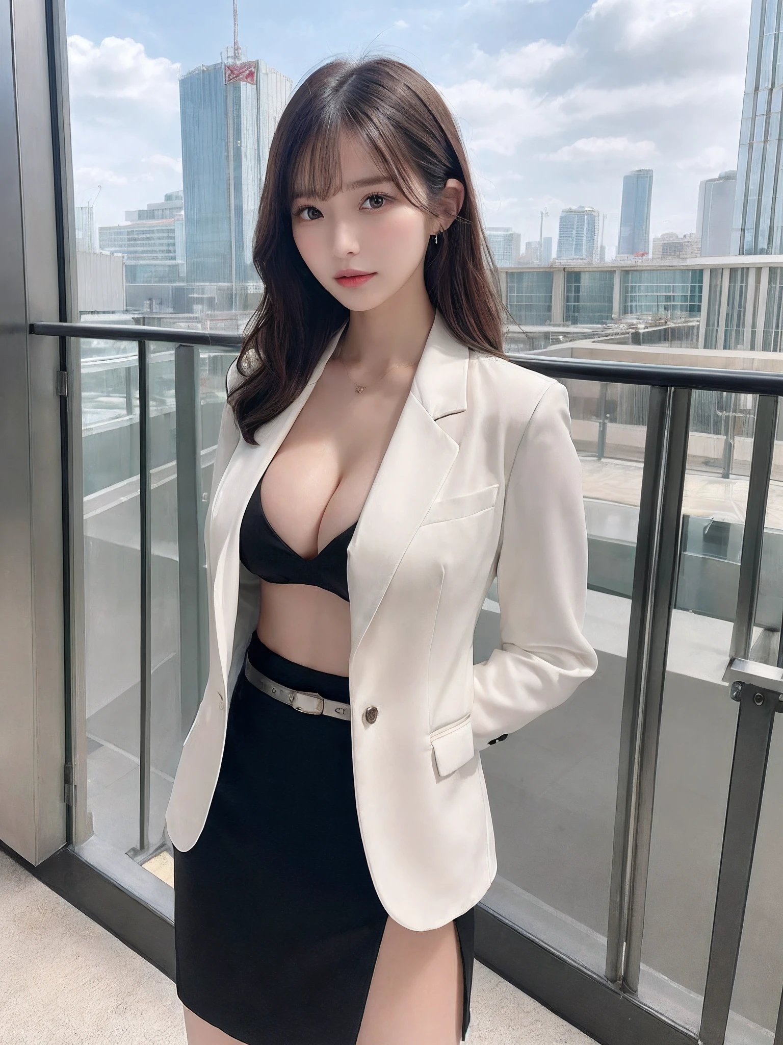 1girl in, NSFW, Spread legs, (Best Quality, High resolution, masutepiece :1.3), A tall and pretty woman, Slender Abs, Upper body naked, (((lare breasts))), (((bared chest))), sexy pose, (((Black miniskirt)))), Dark brown hair styled in loose waves, Large breasts, (Standing), ((cleavage of the breast)), wearing pendant, (White business suit), (Business jacket), Belt bag, (Modern architecture in background), Details exquisitely rendered in the face and skin texture, Pozi style clothing, formalwear, Business Wear, business skirt, business skirt, delicate skirt, luxurious skirt, thin waist, Beautiful Korean Woman, Detailed eyes, 二重まぶた