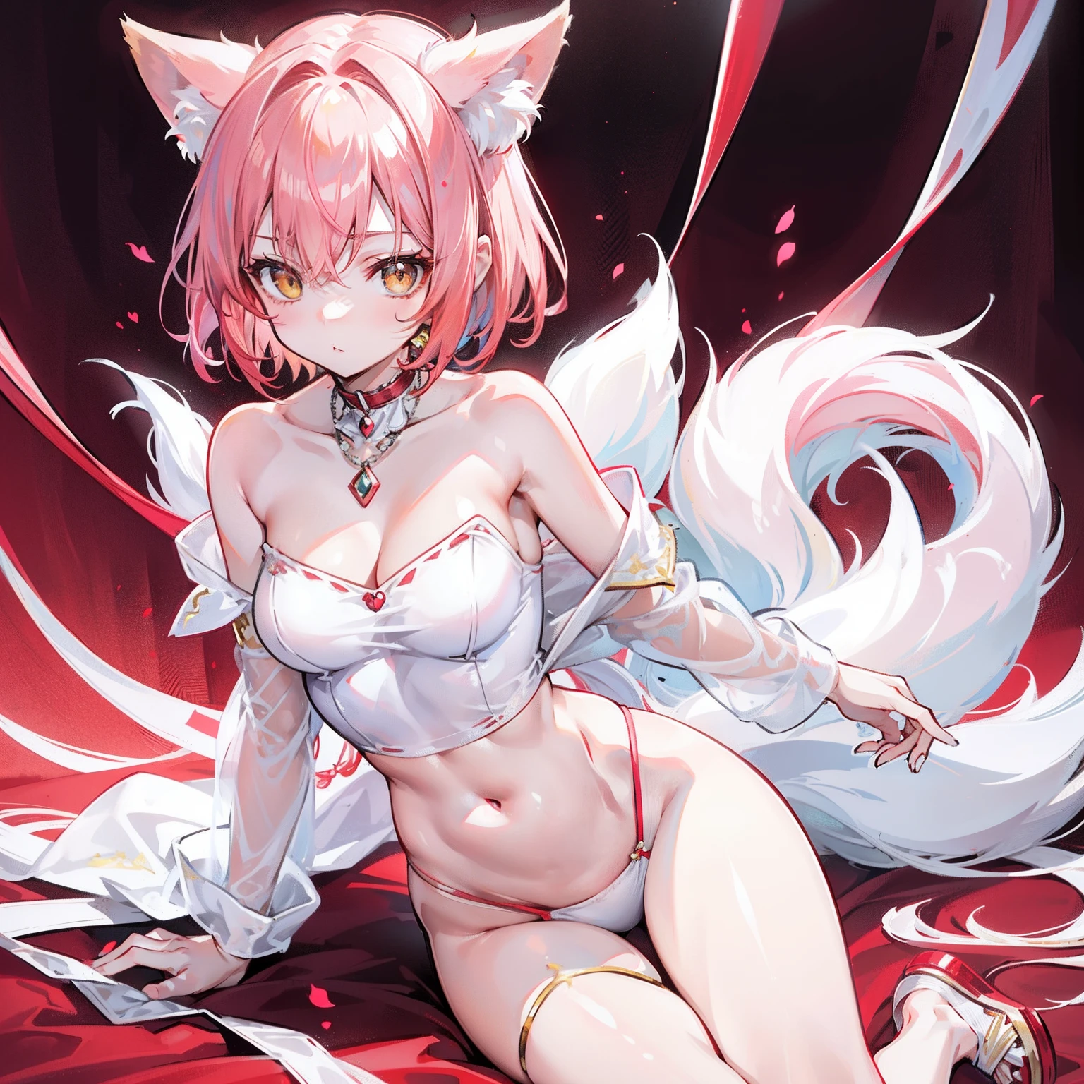 Short light red hair,There are yellow cloth ornaments on the head,Breasts are super full,The figure looks petite,Smooth and delicate long legs,Wearing a milky white T-shirt,A silver necklace was worn around his neck,It has pink fox ears,And cute pink and white fox tails,This is a super beautiful girl