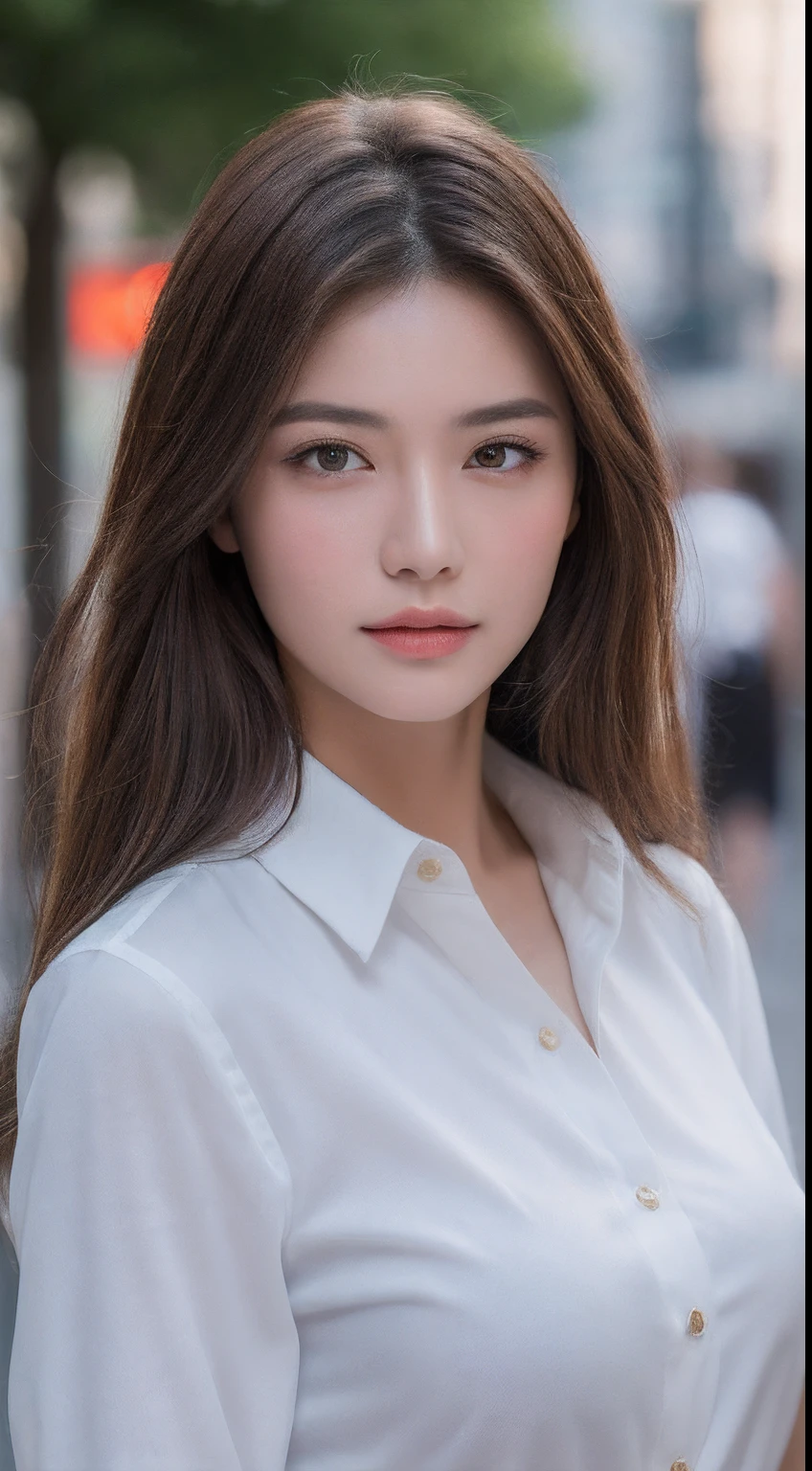 ((Best quality, 8k, Masterpiece :1.3)), Sharp focus :1.2, A pretty woman with perfect figure :1.4, Slender abs :1.2, ((Dark brown hair, Big breasts :1.2)), (White button up long shirt :1.1), City street:1.2, Highly detailed face and skin texture, Detailed eyes, Double eyelid