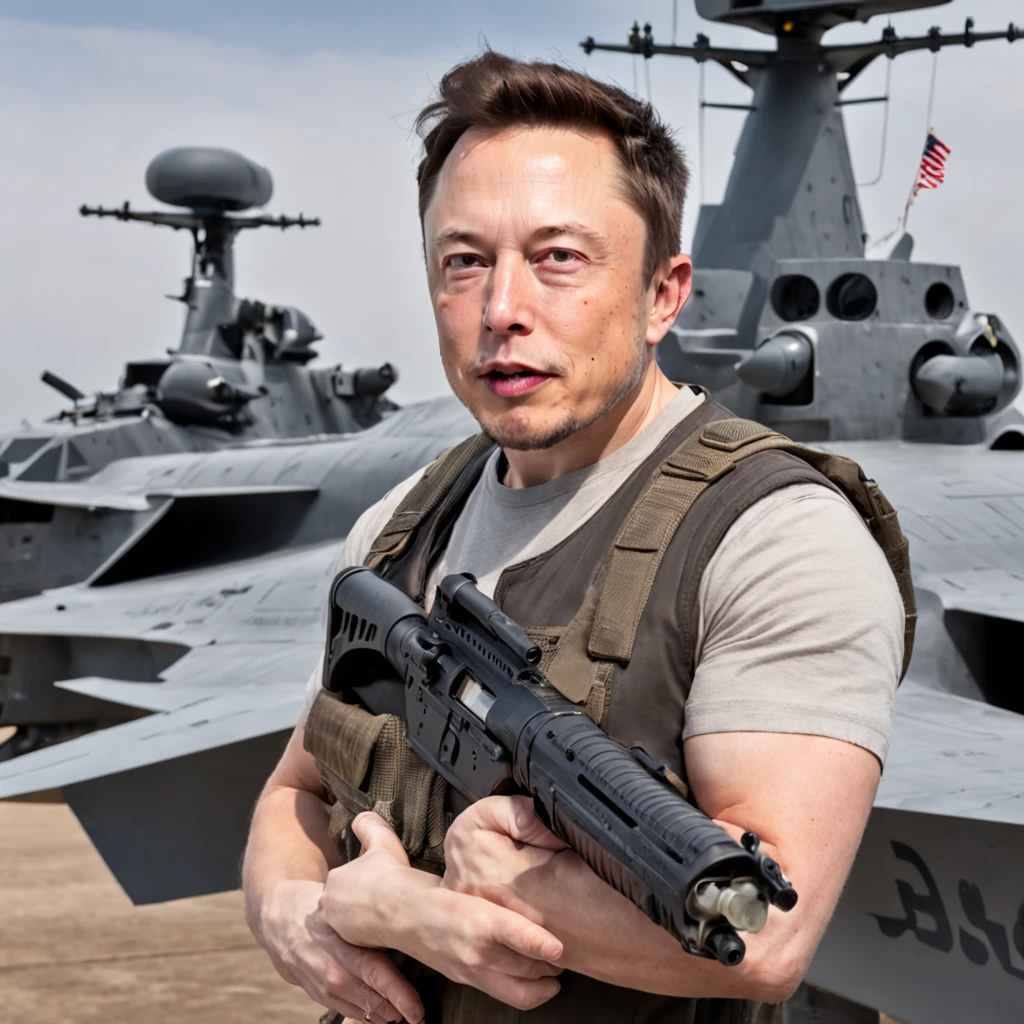 Elon Musk as US President holding an AR15 surrounded by battleships with jets and eagles flying overhead and a american flag background