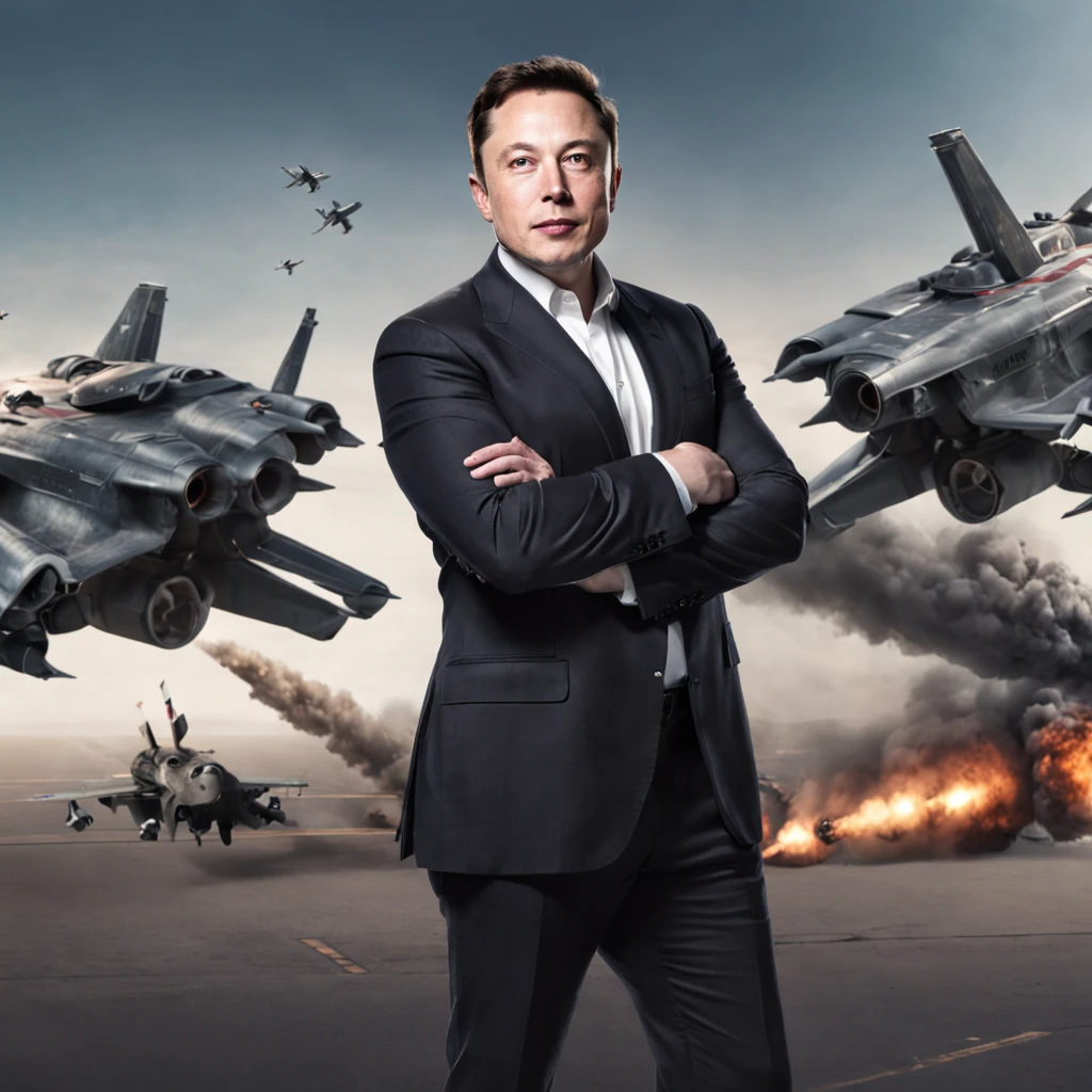 Elon Musk as US President holding an AR15 surrounded by battleships with jets and eagles flying overhead and a american flag background
