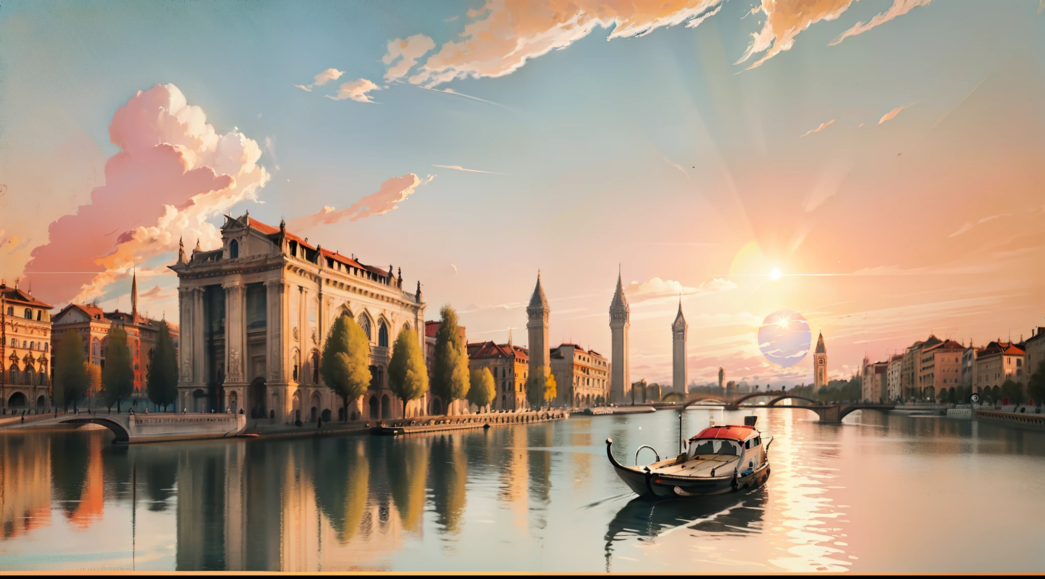 Natural scenery of Milan, Italy, Sunshine Sky Lakeside Sunrise Avant-garde art style,Artist's hand-drawn style,Flat painting style