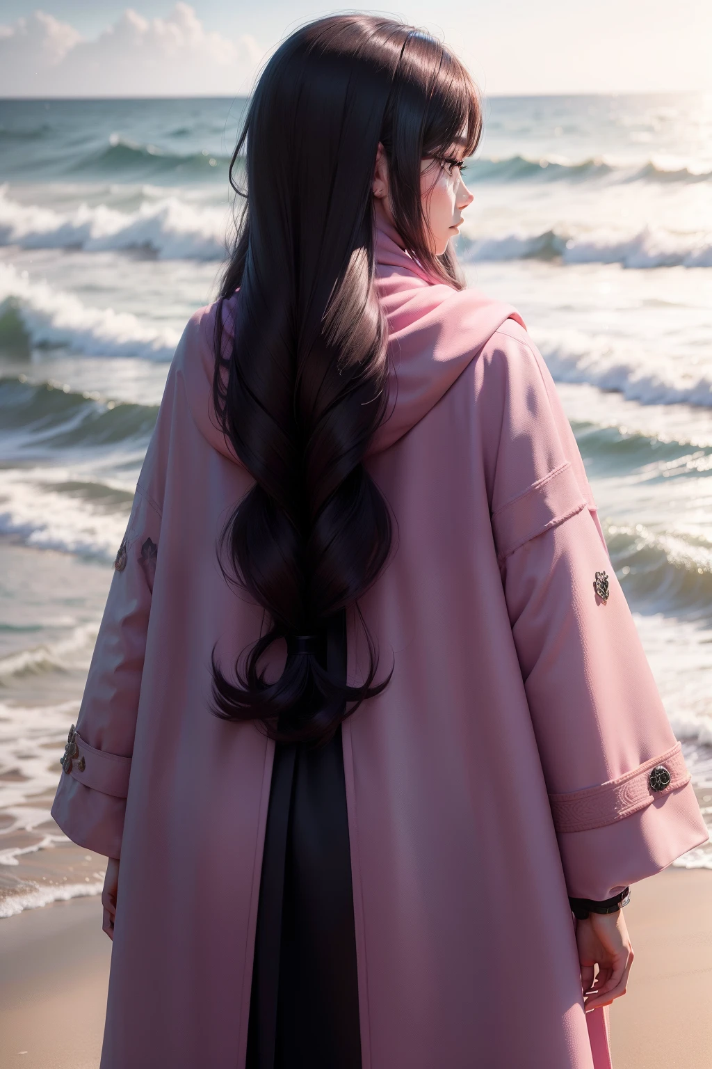 Young woman wearing pink coat,Long hair with black shawl,Turn your back to the ocean,sunlighting。face details sharp,HD 4K