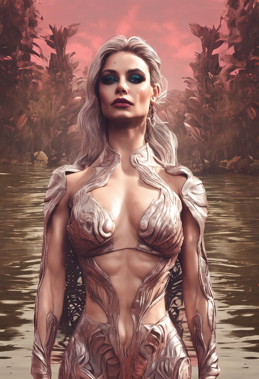 1 girl, Avril Lavigne, bodybuilder with really ripped massive muscles, well-endowed, very cute face, very detailed, wearing elegant dress, near a lake in a forest, front full body