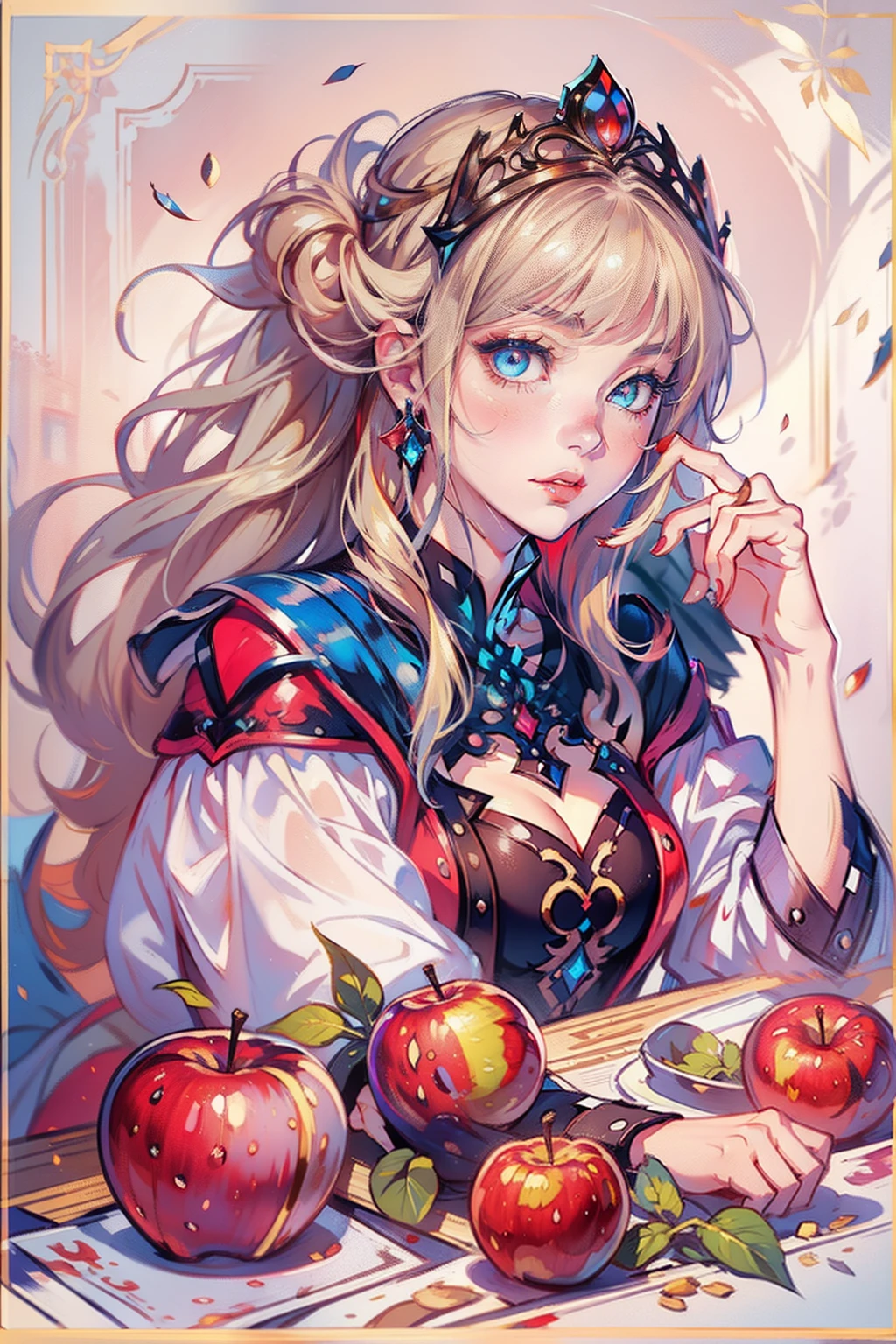 Princess Snow White,Red apple in hand,princess portrait, Guviz-style artwork, blond-haired princess, portrait of princess, Guviz, kazakh empress, portrait of a princess, , in the art style of bowater, Baroque fluffy skirt,Fantasy art style, beautiful fantasy maiden,Exquisite and perfect facial features,美丽细致的眼睛,long eyelasher,Delicate eyeliner,Blue eyes,Dark pupils,There are bright spots in the eyes,almond eyes,Beautiful lip details,8K high-definition,anatomy correct,Oil painting thick painting style