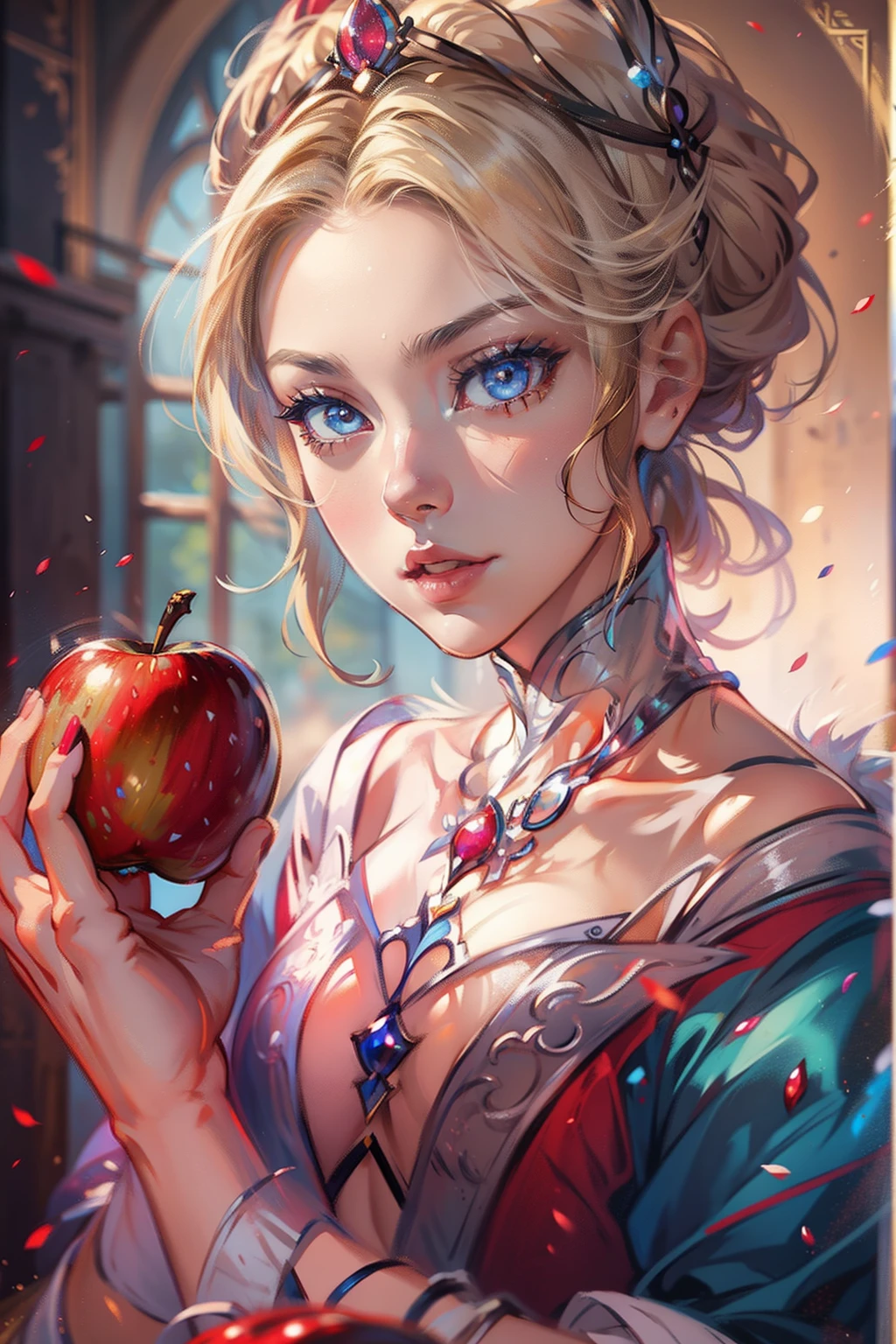 Princess Snow White,Red apple in hand,princess portrait, Guviz-style artwork, blond-haired princess, portrait of princess, Guviz, kazakh empress, portrait of a princess, , in the art style of bowater, Baroque fluffy skirt,Fantasy art style, beautiful fantasy maiden,Exquisite and perfect facial features,美丽细致的眼睛,long eyelasher,Delicate eyeliner,Blue eyes,Dark pupils,There are bright spots in the eyes,almond eyes,Beautiful lip details,8K high-definition,anatomy correct,Oil painting thick painting style