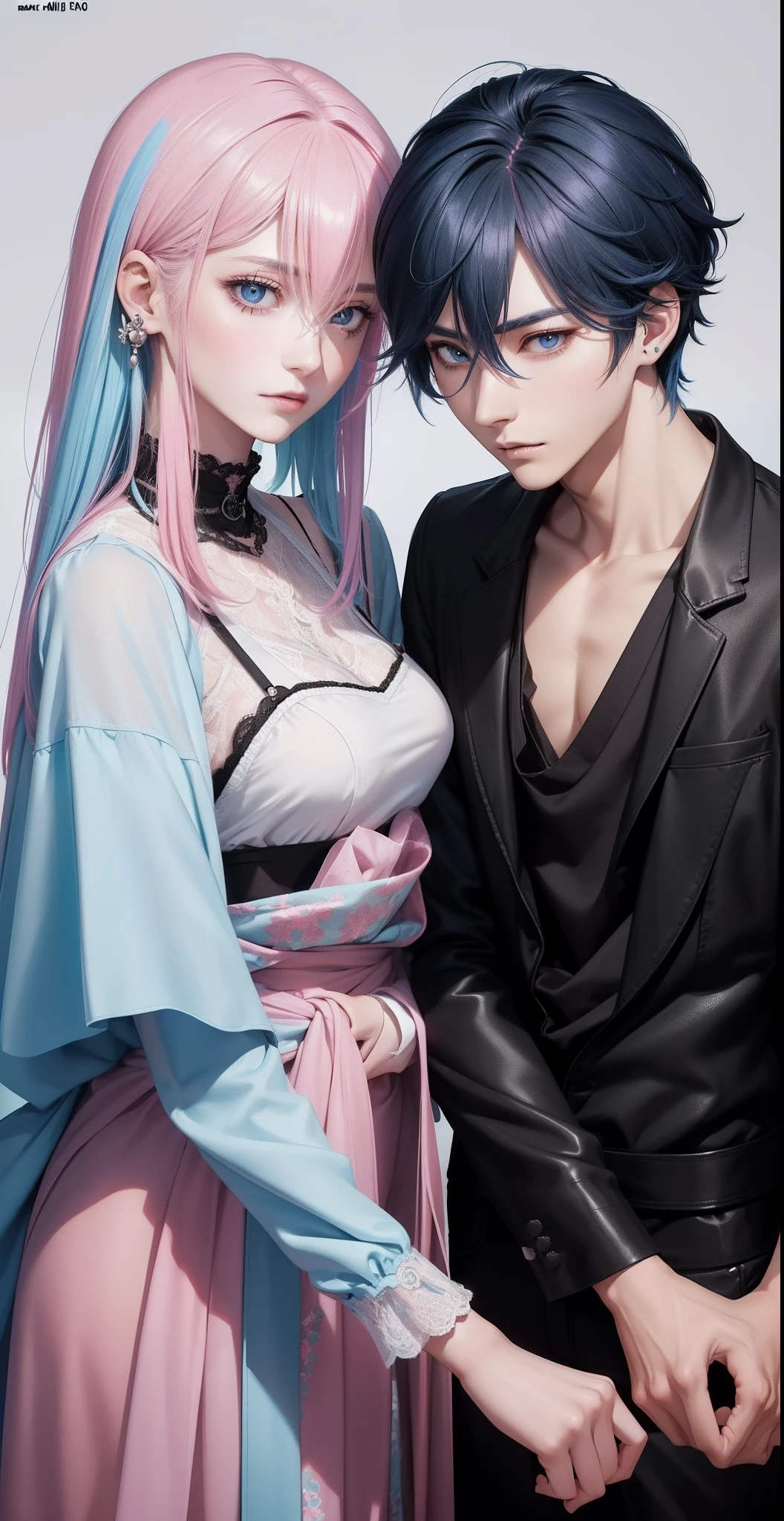 ((Male and female couples)), Idol Photos, Magazine covers, Photos of actors, Professional Photos, Height difference, tall male, Happiness, youthfulness, extra detailed face, detailed punk hair, very detailed character, inspired by Sim Sa-jeong, Cai Xukun's, detailed realistic faces, highly detailed realistic face, high detailed face anime, realistic detailed face, Accurate detailed face, attractive androgynous humanoid, Cool Korean fashion in black, ((Man with light blue hair)), ((Woman with pink hair)), ((Woman with long hair below waist)), ((Man with short hair over ears)), ((Pink hair woman with gentle expression)), ((Man with light blue hair with wild expression)), high-level image quality, masterpiece, Photographed so that the whole body can be seen, Photographed to make clothes look beautiful, Take your eyes off, ((two individuals)), ((British couple))
