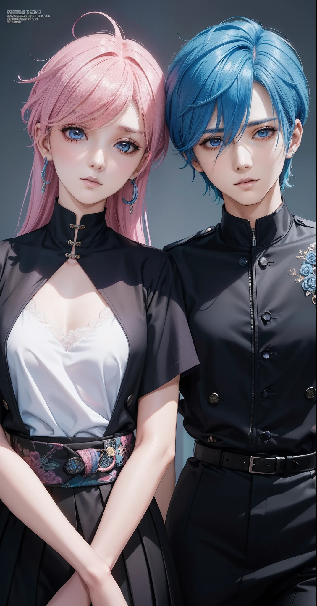 ((Male and female couples)), Idol Photos, Magazine covers, Photos of actors, Professional Photos, Height difference, tall male, Happiness, youthfulness, extra detailed face, detailed punk hair, very detailed character, inspired by Sim Sa-jeong, Cai Xukun's, detailed realistic faces, highly detailed realistic face, high detailed face anime, realistic detailed face, Accurate detailed face, attractive androgynous humanoid, Cool Korean fashion in black, ((Man with light blue hair)), ((Woman with pink hair)), ((Woman with long hair below waist)), ((Man with short hair over ears)), ((Pink hair woman with gentle expression)), ((Man with light blue hair with wild expression)), high-level image quality, masterpiece, Photographed so that the whole body can be seen, Photographed to make clothes look beautiful, Take your eyes off, ((two individuals)), ((British couple))
