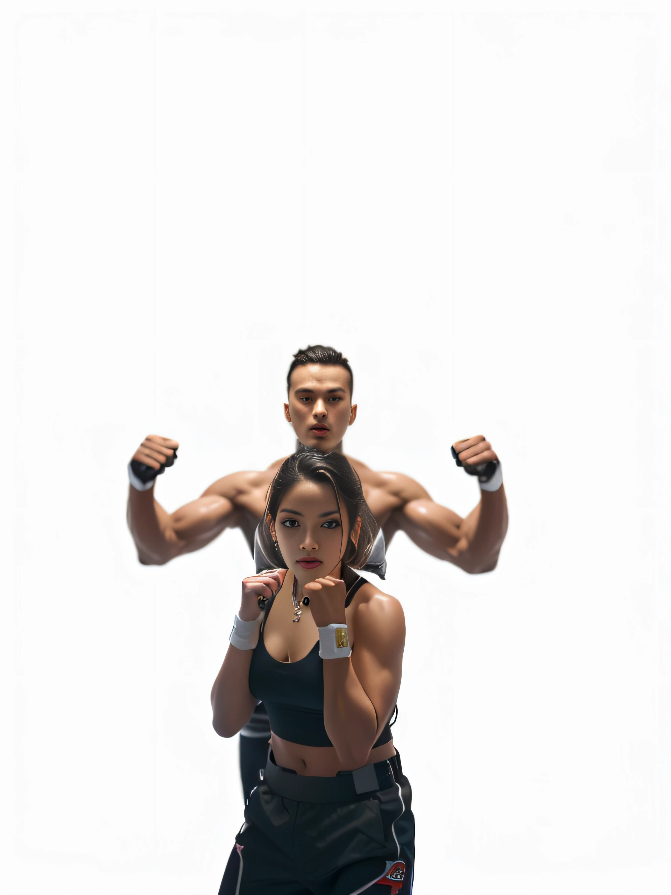 there is a man and a woman that are standing together, posing for a fight intricate, MMA, GLOVES, MIXS MARTIAL ARTS, roberto ferri and ruan jia, by Juan O'Gorman, tyler edlin and natasha tan, posing for a fight, in a fighting pose, on black background, by Anna Füssli, powerful photo, jordan grimmer and natasha tan