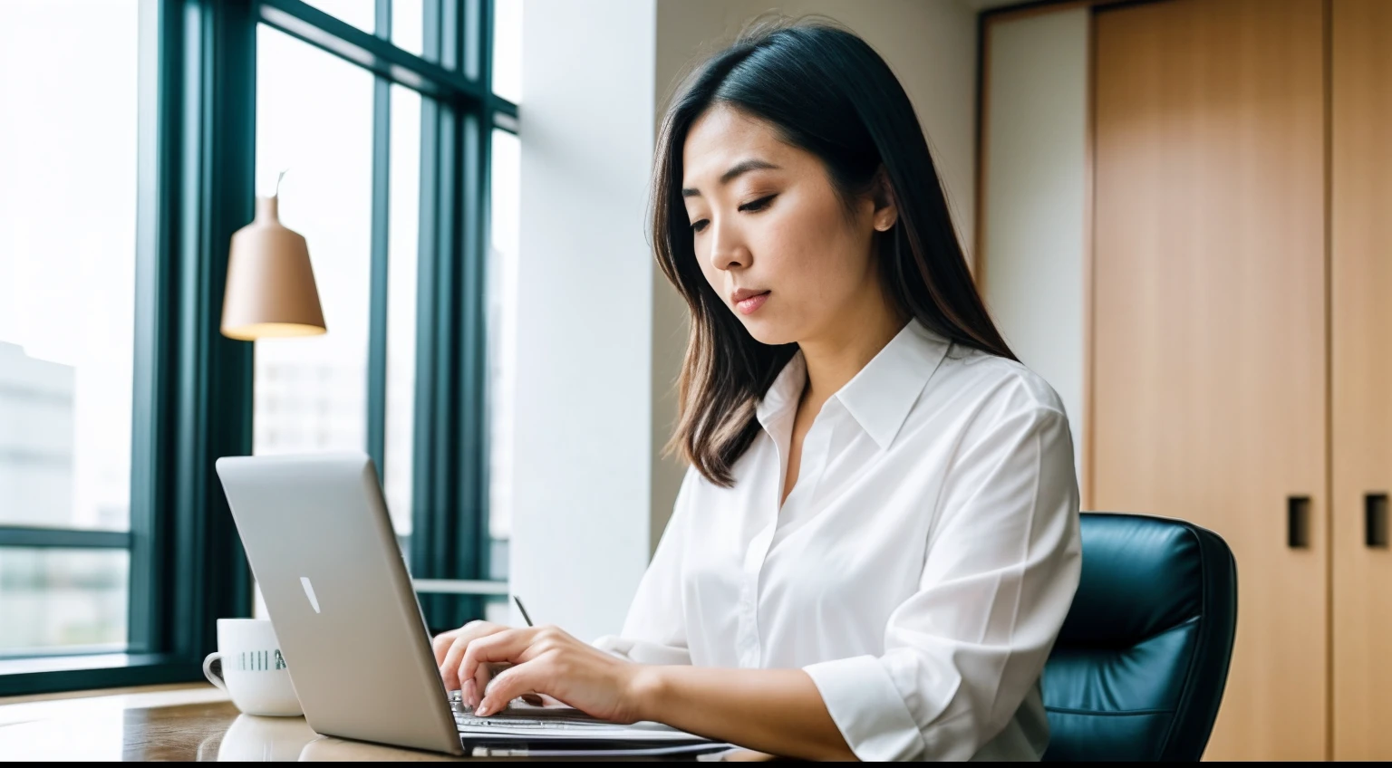 instagram photo,  A snapshot of a Japanese businesswoman reviewing documents in a contemporary office space, multitasking, efficient, Panasonic Lumix GH5 with 12-35mm f/2.8 lens, even indoor lighting, candid photography.