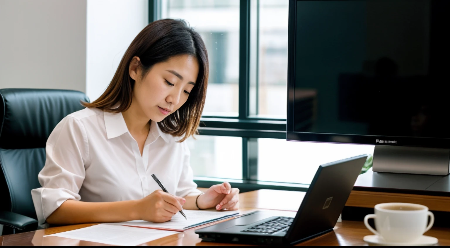 instagram photo, A snapshot of a Japanese businesswoman reviewing documents in a contemporary office space, multitasking, efficient, Panasonic Lumix GH5 with 12-35mm f/2.8 lens, even indoor lighting, candid photography.