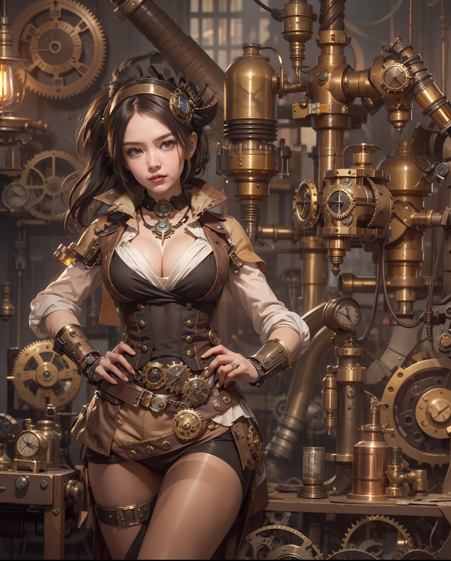 ((masutepiece)), (1girl in), (Steampunk Theme:1.5), (Mechanical elements:1.3), (goggles:1.2), (Inventor:1.1), (Engagement Expressions), (Active Pose), ((Highly detailed workshop background)), (Various gears:1.2), (Steam Power Machinery), (blueprint),(Flickering gas lamps:1.1), (Clockwork works),(Innovative:1.3),(Brass and copper tones)
In the world of steampunk and innovation, Talented female inventor standing in a bustling workshop. She wears goggles, Rest on her forehead, Emphasize curious eyes full of determination. Her costumes are decorated with mechanical elements and brass accents, Reflecting passion for invention. She takes an active pose, Adjust complex gear systems with one hand、one fang、Sketch a new idea on parchment.