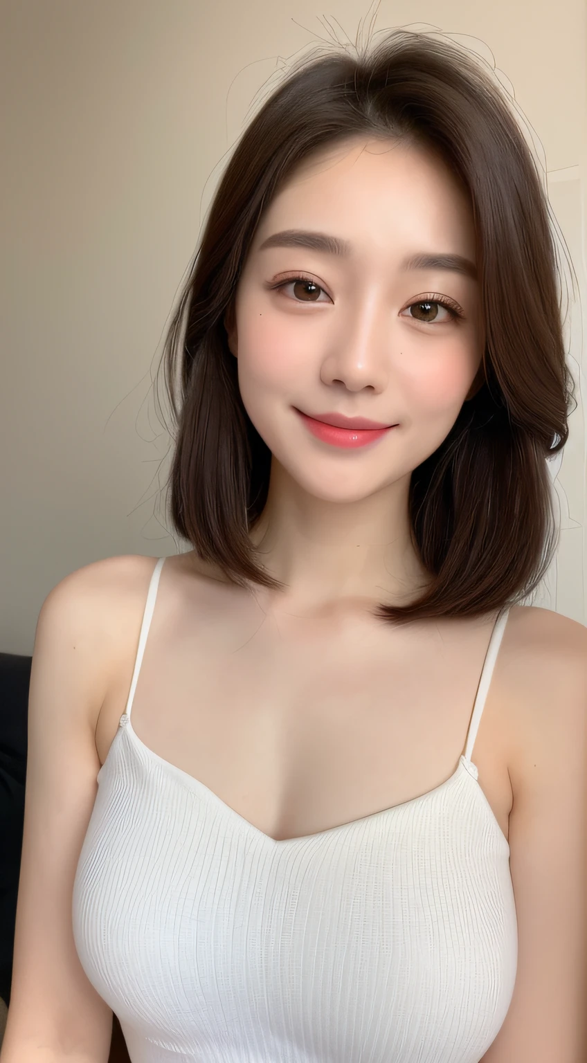 ((top-quality、8K、​masterpiece:1.3))、1girl in、Slim Abs Beauty:1.3、(Hairstyles Brown Hair Shortcuts)、doress:1.1、Super fine face、Delicat eyes、二重まぶた、A smile、Home、Raw photo、Tank Tops、tits out、Sharp Eyebrows、japanes、cleavage of the breast、Slender beauty