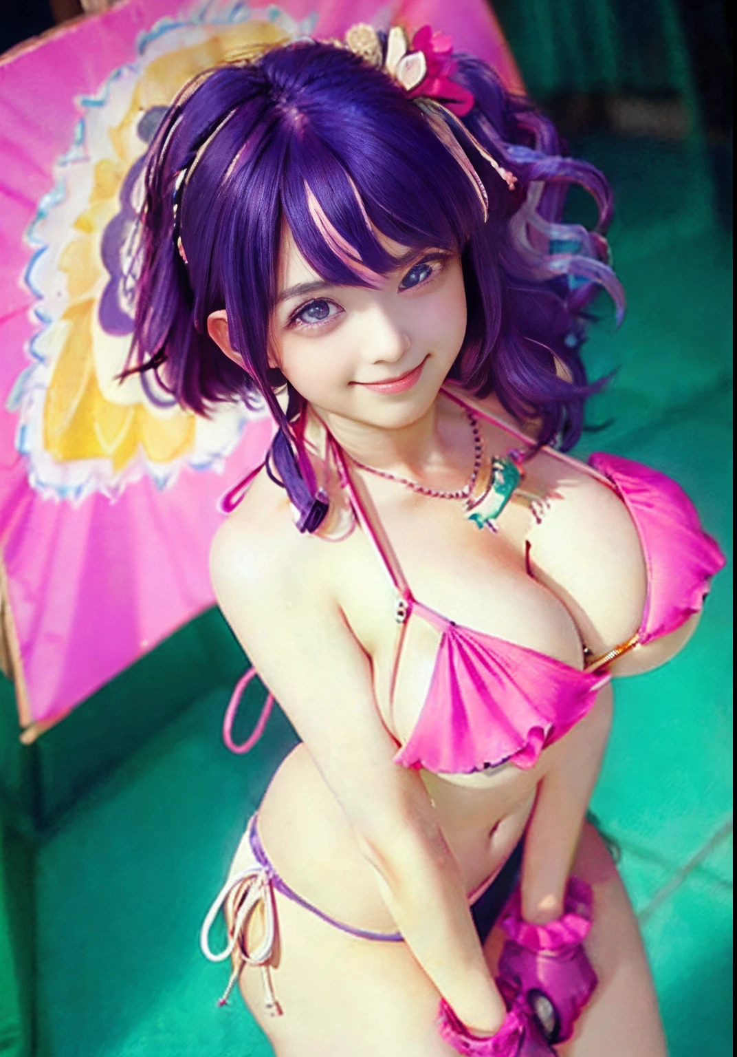 (((((huge tit))))),(((((The bikini))))),girl, full body Esbian, cowboy shot, (Rembrandt), illustratio, (masterpiece), (Top image quality), (Ultras_Detailed), finely detail, (depth of fields), gloves, tongue-out, tongue, length hair, stele \(Symbols\), see the beholder, (Purple hair:1.2), Purple Eye, The upper part of the body, hair adornments, :P, frilld, Pink Shirt, A smile, Sleeveless, The shirt, Idol, symbol-shaped pupils, bangss, One side up, star-shaped pupils, dress pull, Roaring 20s, isometric、From above、Skysky、florals、cliff