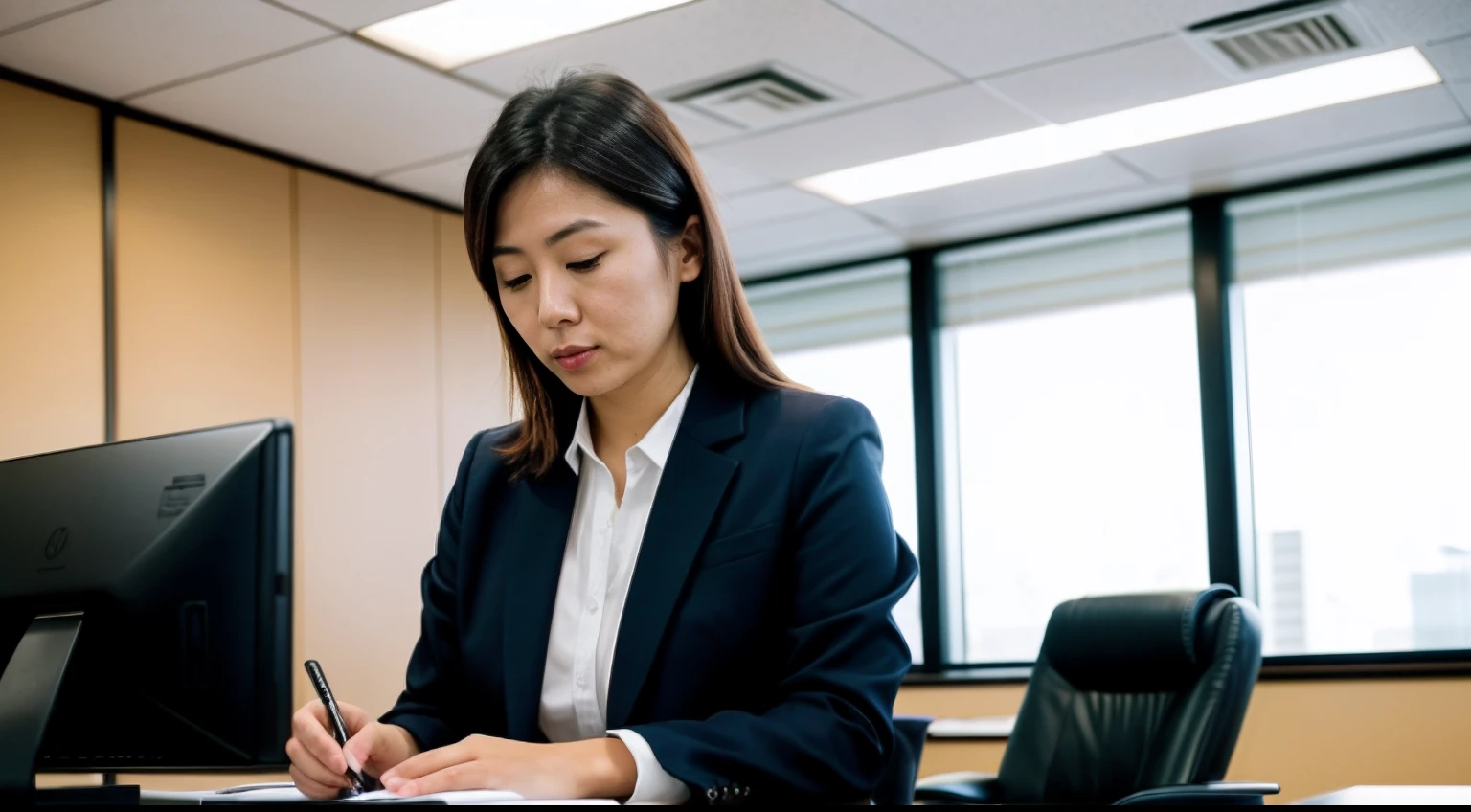 instagram photo, A snapshot of a Japanese businesswoman reviewing documents in a contemporary office space, multitasking, efficient, Panasonic Lumix GH5 with 12-35mm f/2.8 lens, even indoor lighting, candid photography.