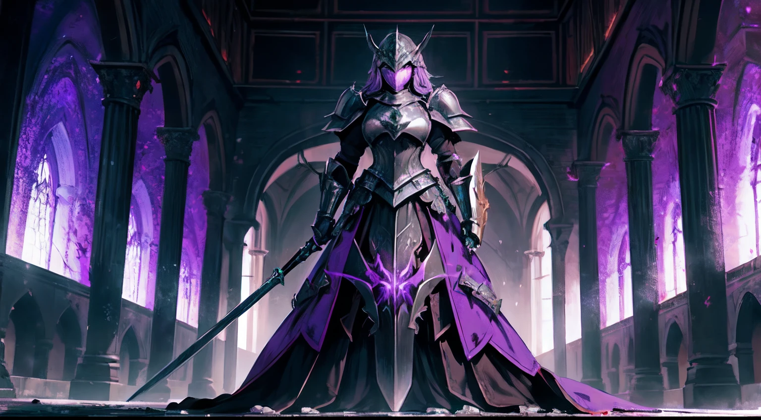 Steel armor,Enchanted armor,Heavy armor of the Middle Ages,There is purple magic flowing out of the armor,The mask glows green,Holding a giant sword in both hands,Blood flowed all over the floor,Rivers of blood flow,The armor was stained with blood,Dark environment,Dark castle,There is only one torch as a light source,Bust photo
