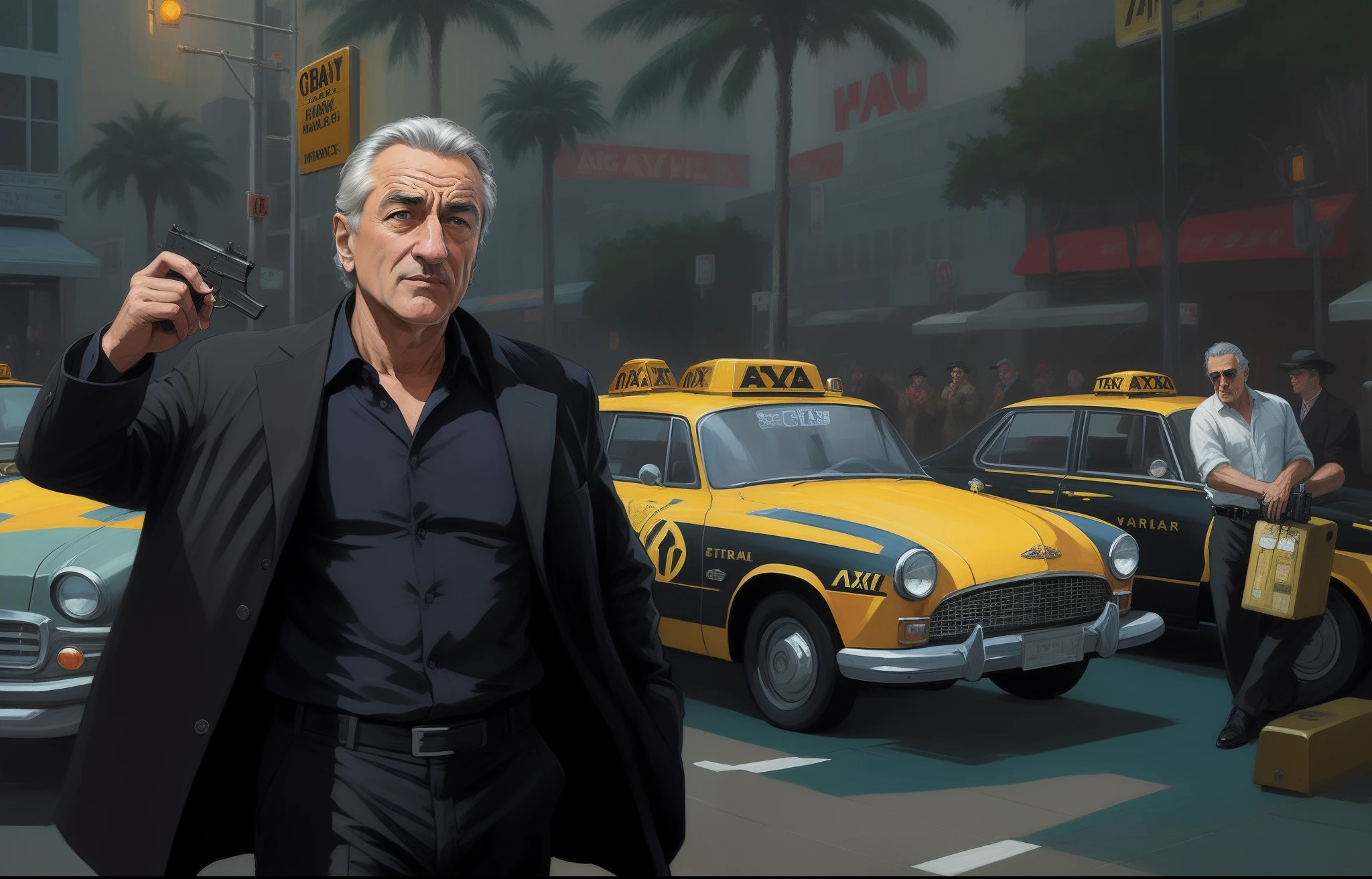 arafed image of a man Robert De Niro holding a gun in front of a taxi cab, james gurney painting style, style of gta v artworks, hyperrealism concept art, gta iv art style, inspired by Vincent Lefevre, 2 d game art gta cover, 2d game art gta cover, inspired by F Scott Hess, joe chiodo, by Ignacio Zuloaga