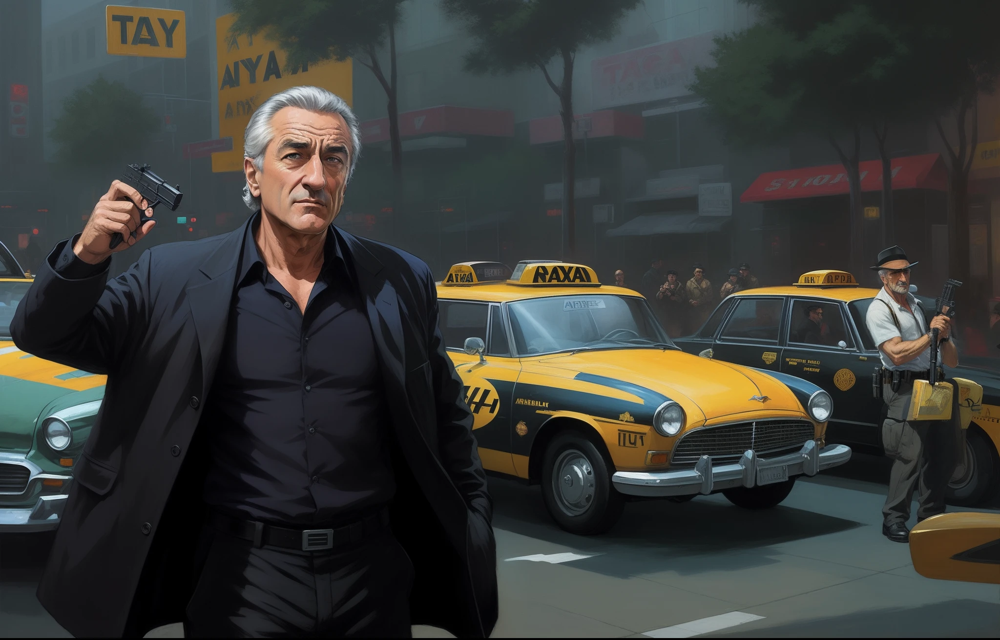 arafed image of a man Robert De Niro holding a gun in front of a taxi cab, james gurney painting style, style of gta v artworks, hyperrealism concept art, gta iv art style, inspired by Vincent Lefevre, 2 d game art gta cover, 2d game art gta cover, inspired by F Scott Hess, joe chiodo, by Ignacio Zuloaga