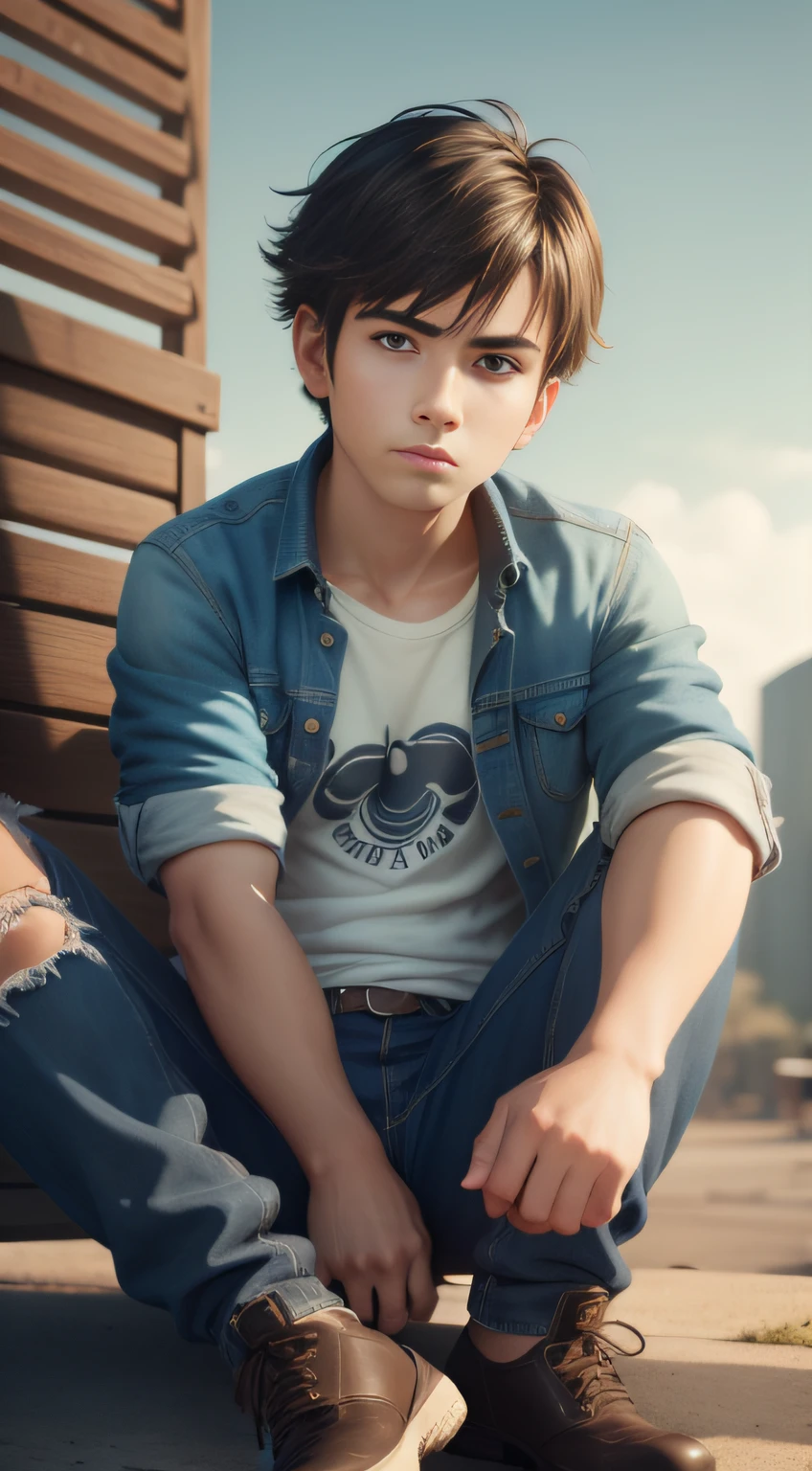 There is a poster，It features a boy sitting on a roof，short detailed hair，Denim jacket，denim pant，Wear torn leather shoes，depth of fields，high light，Real light，Ray traching，Animation-style rendering，movie picture quality，style of disney animation，oc rendered，Hyper-realistic，best qualtiy，8K，Works of masters，super-fine，Detailed pubic hair，Correct anatomy，sharp focus on eyes，Bokeh，Facial features are carefully depicted