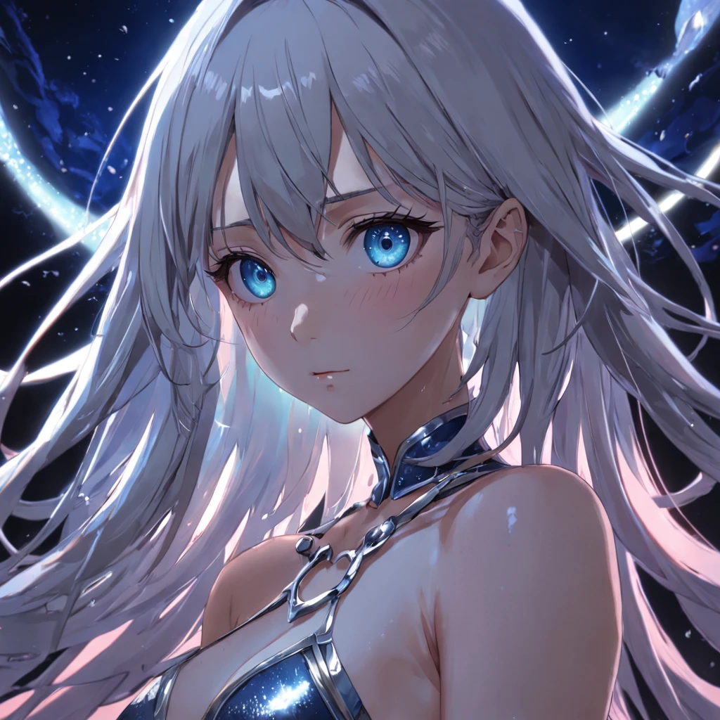melhor qualidade, obra-prima, olhos azuis afiados, olhos detalhados, cabelo prateado, joias de platina, detailhe facial features, pele fria e bela, foco nitido, cinematic lighting, profundidade de campo, imagem de corpo todo