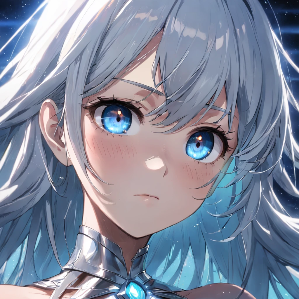 melhor qualidade, obra-prima, olhos azuis afiados, olhos detalhados, cabelo prateado, joias de platina, detailhe facial features, pele fria e bela, foco nitido, cinematic lighting, profundidade de campo, imagem de corpo todo