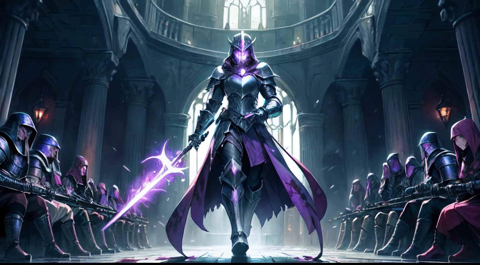 Steel armor，Enchanted armor，Heavy armor of the Middle Ages，There is purple magic flowing out of the armor，The mask glows green，Holding a giant sword in both hands，Blood flowed all over the floor，Rivers of blood flow，The armor was stained with blood，Dark environment，Dark castle，There is only one torch as a light source，Bust photo