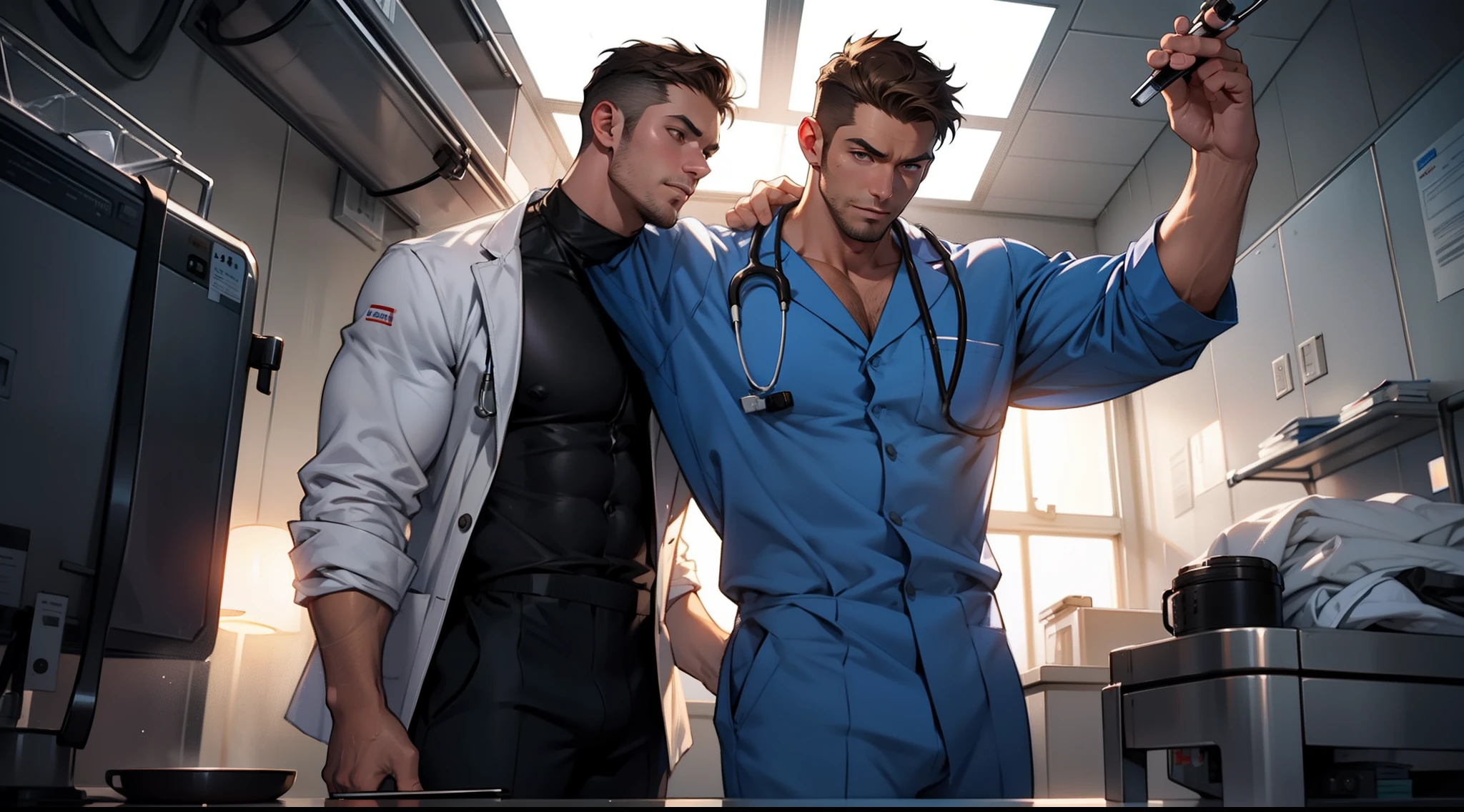 a handsome doctor is standing in the hospital, hospital rooms in this scene, correct accurate male anatomy, he is masculine and stocky, handsome face, a stethoscope is around his neck, very short hair style, wearing a tight scrub-suit doctor uniform of blue color with overlying white lab coat highlighting his big bulge and big body and big butts, big pecs, big arms, brown short hair, wearing white sneakers, his body is wet oiled waxy, flawless white skin, masterpiece, professional DSLR shoot and retouching, illustration art, sharpness, shadow, highlight, Professional DSLR shoot and retouching, detailed fine quality art, artistic