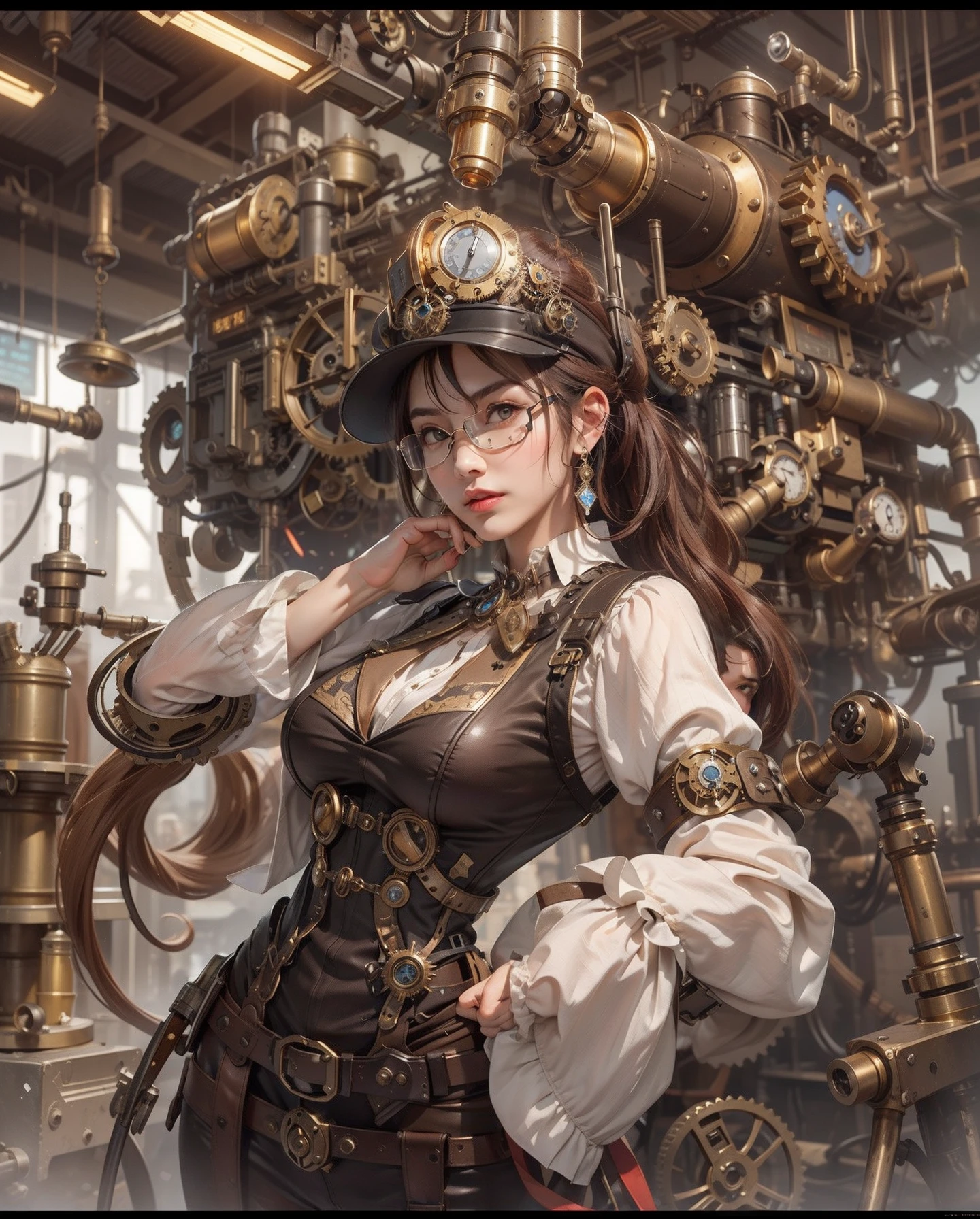 (best quality,4k,8k,highres,masterpiece:1.2), ultra-detailed, (realistic,photorealistic,photo-realistic:1.37), (beautiful detailed eyes, beautiful detailed lips, extremely detailed eyes and face, long eyelashes), studio lighting,physically-based rendering,vivid colors, (Steampunk, Steam Power, Retro-Futurism, Victorian Aesthetics, Gear and Clock Gears, Bronze, Copper, Brass, Goggles, Steampunk Airships, Adventure and:1.37),