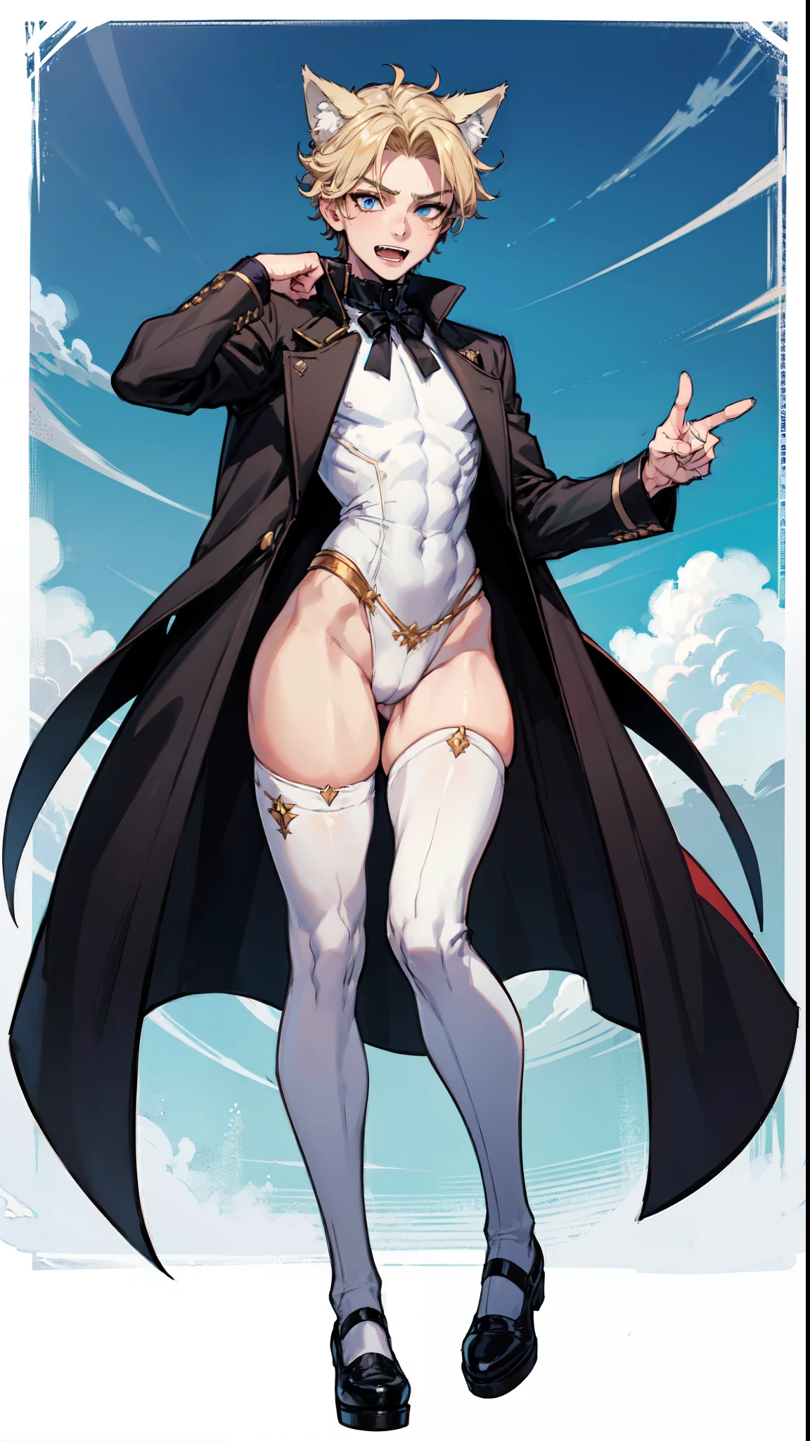 ((((((1boy)))))), fluffy blonde hair, ((big sharp wolf ears)), wolf tail, slim figure, ((pale skin)), sky blue eyes, joyful, big thighs, fangs, slim waist, lean figure, skin pale, youthful appearance, (((bulge))), black thigh socks, black coat, twink, pointing at viewer, full body view, excellent physique, victorian gothic clothing
